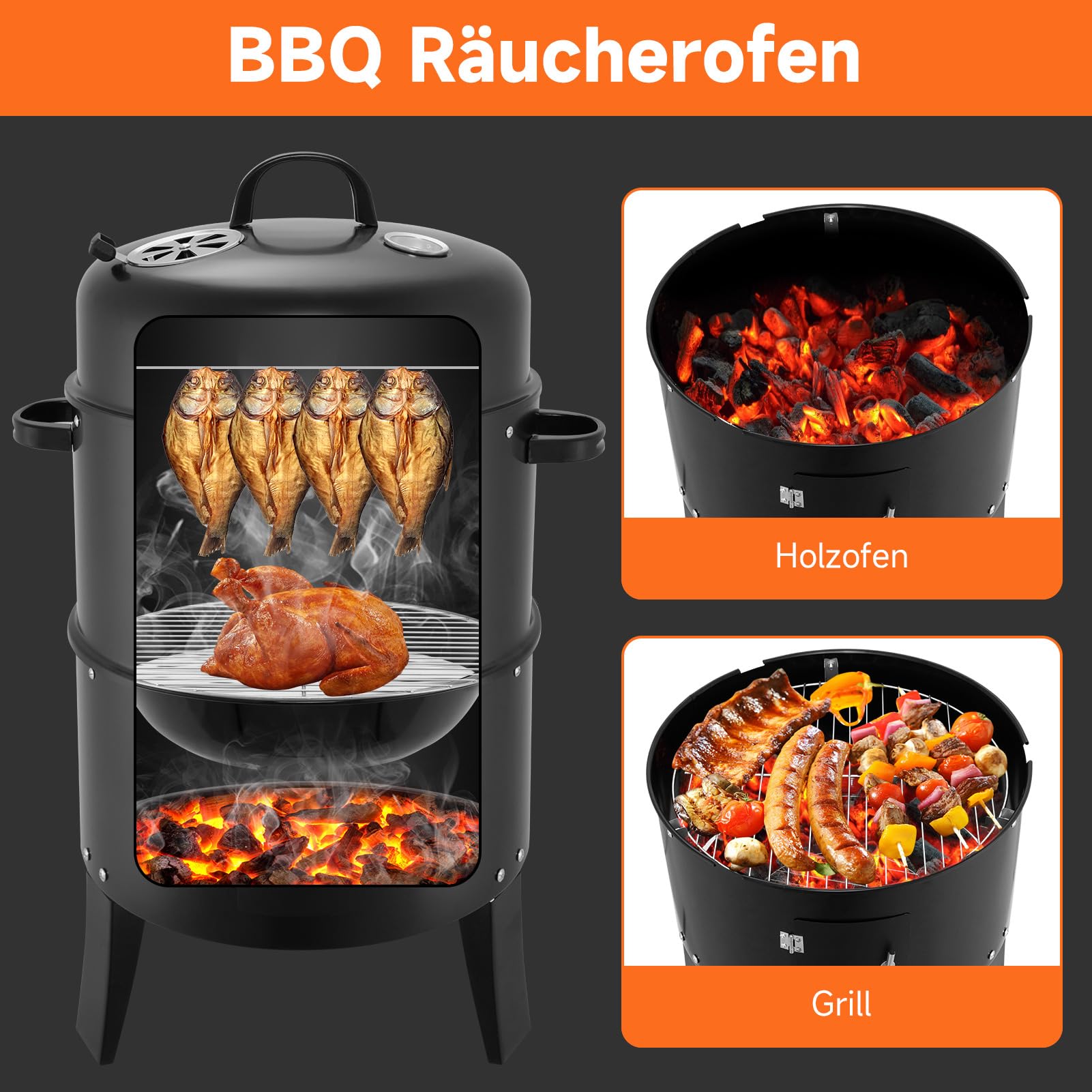 Horno 3 en 1 para ahumar, parrilla de carbón vegetal con tapa | Barbacoa para ahumar Barbacoa camping Barbacoa & Garen Barbacoa multifunción para ahumar