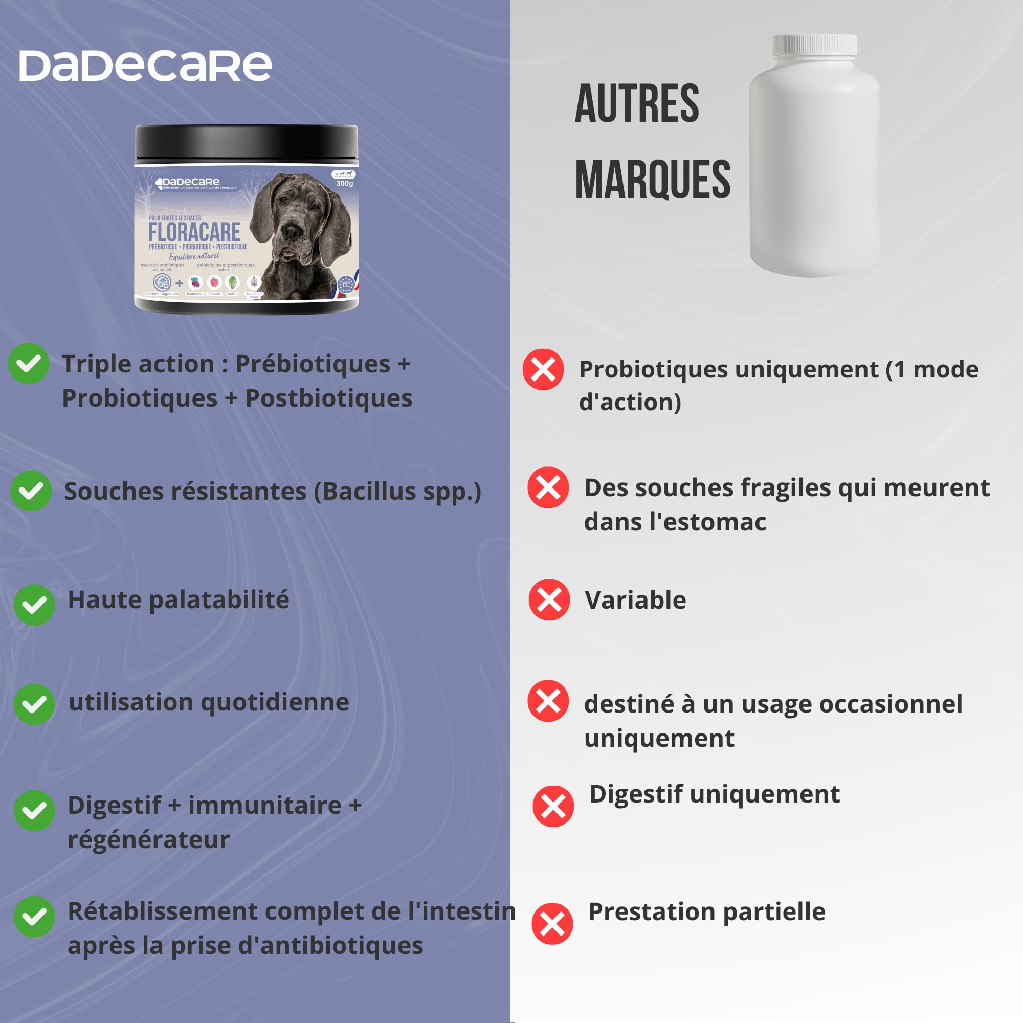 Floracare Probiotiques en poudre pour chiens 300 g – Répare la flore intestinale et améliore la digestion – Réduit les diarrhées et le stress – Idéal après traitements ou changement de nourriture avec