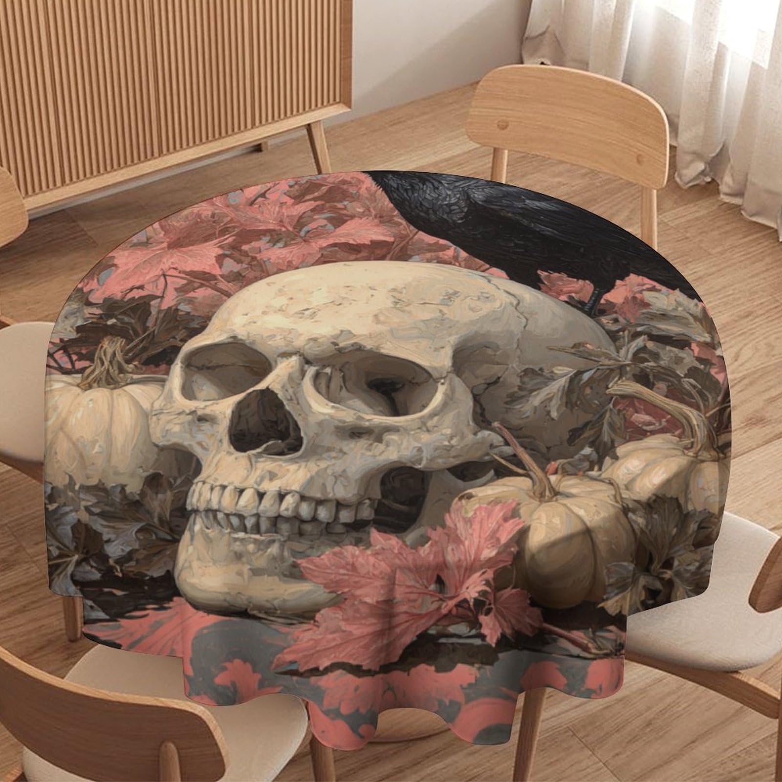 LUYYSKY Rustic Modern Halloween Crow Round Tablecloth Beautiful Gothic Skull Skeleton Animal Raven Pumpkins Washable Decor for Table Cover for Kitchen-91.4" Wx91.4 L cm