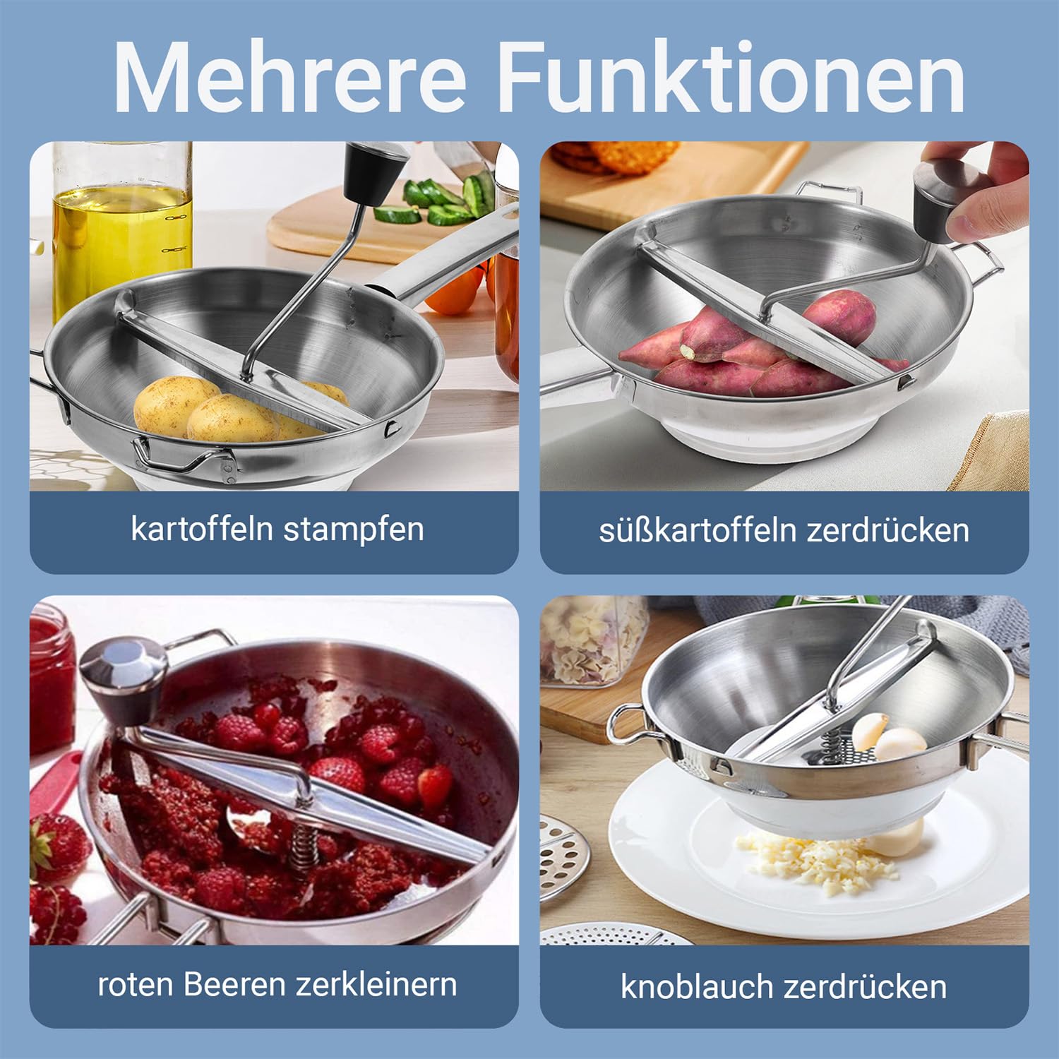 Passiergerät mit 3 Passiersieb,Manuelle Kartoffelstampfer Edelstahl,Classic Potato Masher,Kartoffelpresse Edelstahl,Passiermühle Gemüsemühle,für Soße, Kartoffelpüree,Marmelade