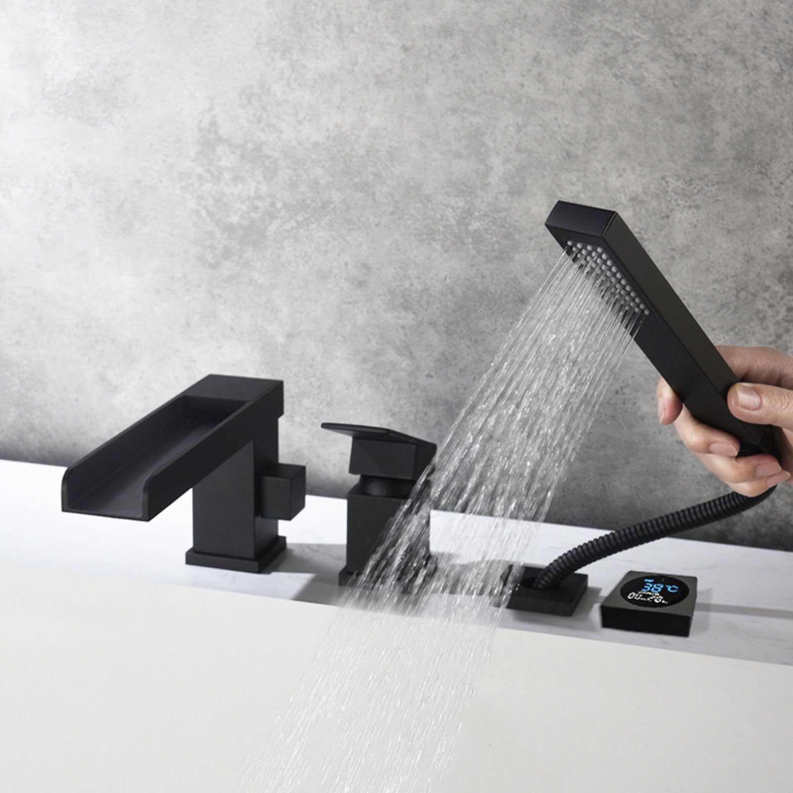 Grifo De Bañera, Grifo Termostático Dividido, Juego De Ducha Lateral De Cuatro Piezas con Cilindro Cuadrado De Cobre Macizo Y Agua Caliente Y Fría,Digital Set of Four Black