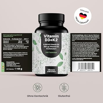 Vitamin D3 K2 High Dose - 240 Tablets with 5000 IU D3 & 200 µg K2 - 99.7+% All-Trans K2-MK7 - Vitamin D - Produced in Germany - Packaging May Vary