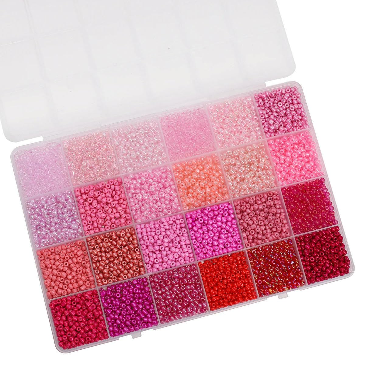 Caja de cuentas de arroz de vidrio con 24 rejillas de 3,0 mm para crear joyas con abalorios, materiales para hacer joyas con aguja e hilo, serie roja, incluye kit de herramientas.