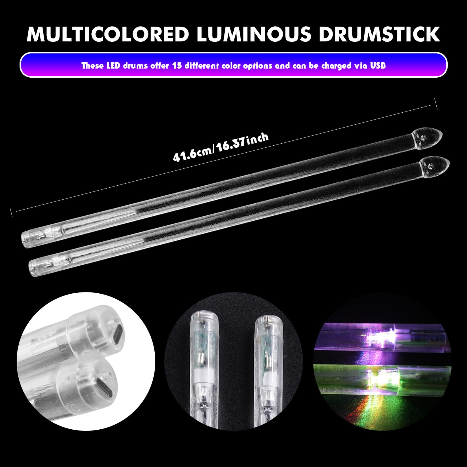 Bacchette per Batteria Ricaricabili a LED, 15 Colori Bacchette per Batteria Illuminate, Bacchette Luminose da 5 A, Bacchette Illuminate, per Percussioni e Strumenti Musicali (1 Paio)