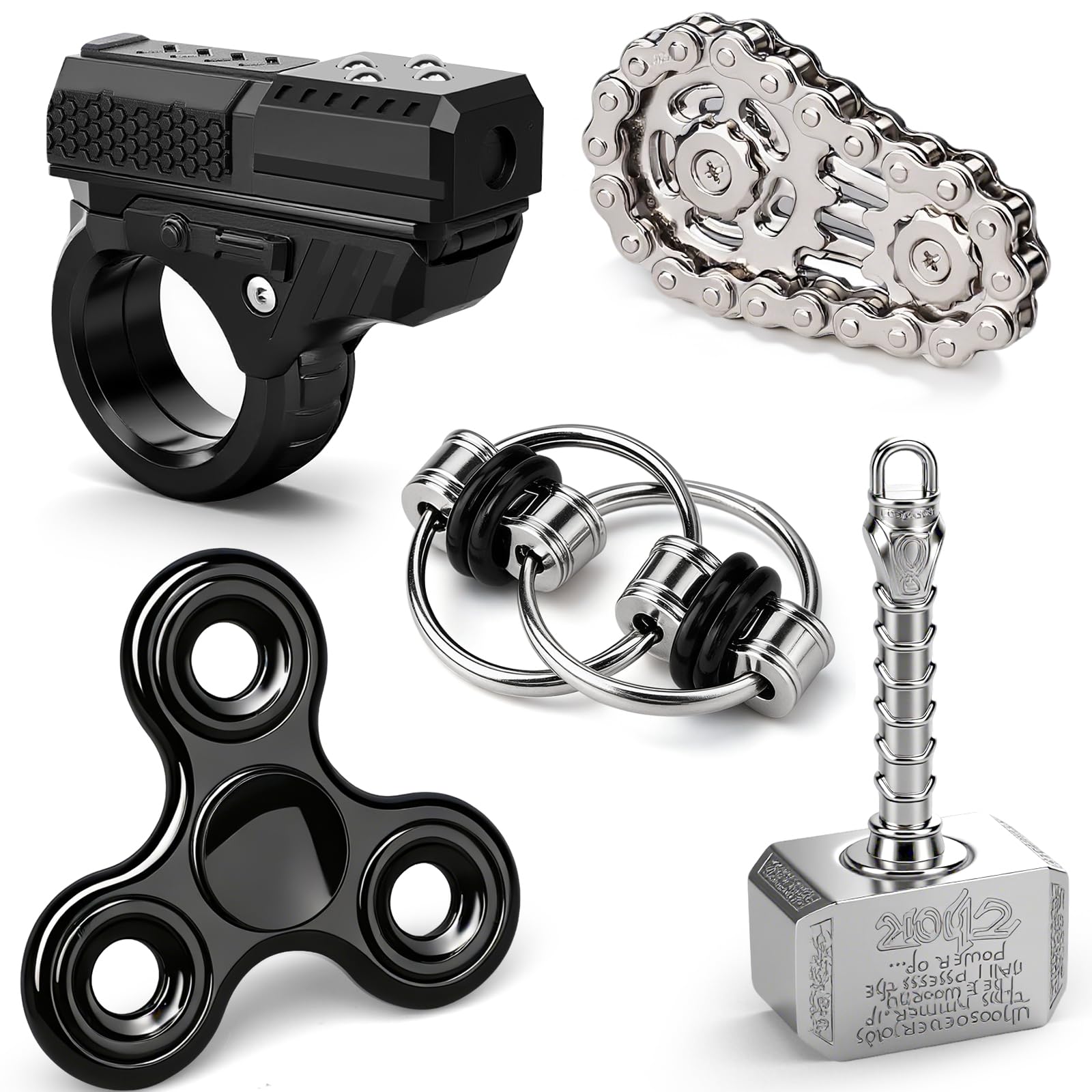 5 PCS Fidget Toy Set for Teens Adults, Slider Hammer Spinner Infinity Cube Bike Chain Ring, EDC Cool Desk Gadgets, Fidget Toys Classroom Office Travel Item, Christmas Stocking Fillers Birthday Gift