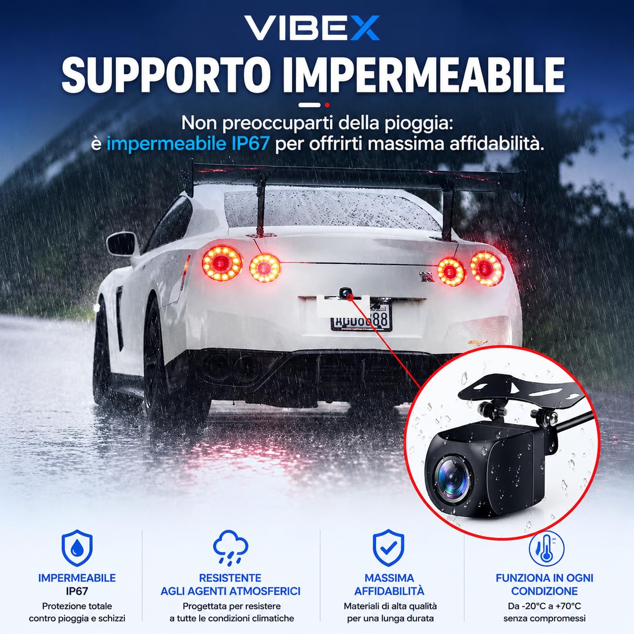 VIBEX Telecamera AI Posteriore AI 1080P | con Allarme Acustico SONORO| Compatibile con Autoradio Android e Monitor Auto | Impermeabile, Visione Notturna | Cavo 6 Metri