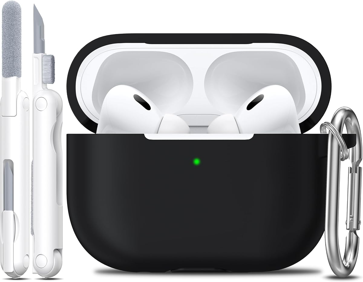 R-fun for AirPods Pro 2/1 Gen (2023/2022/2019) Case Cover with Cleaning kit and Keychain, Soft Silicone case Compatible with Airpods Pro 2 (USB-C/Lightning Cable) - Black