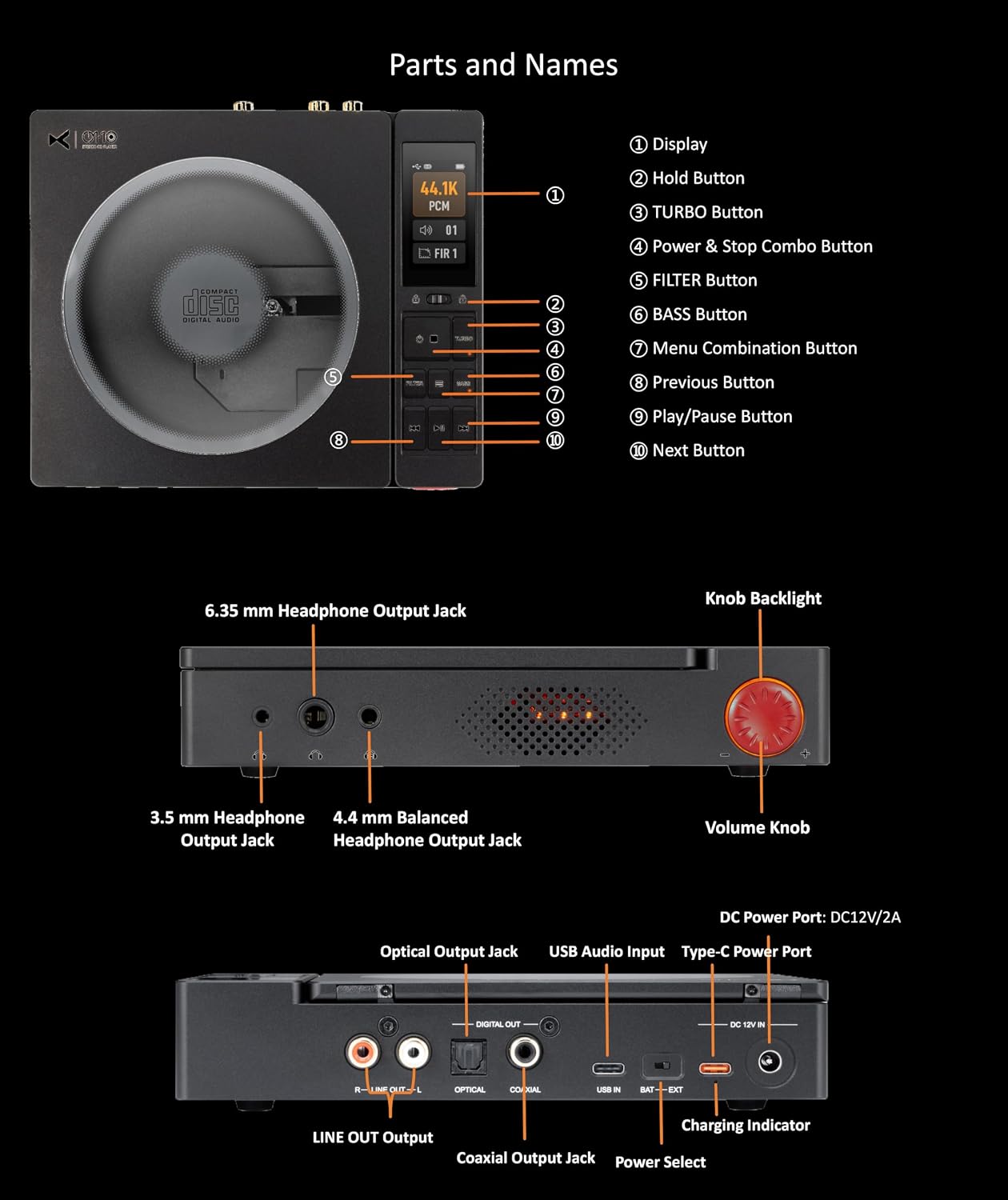 xDuoo CDM-10 Portable HiFi CD Player 3.5/6.35/4.4mm Headphone Out