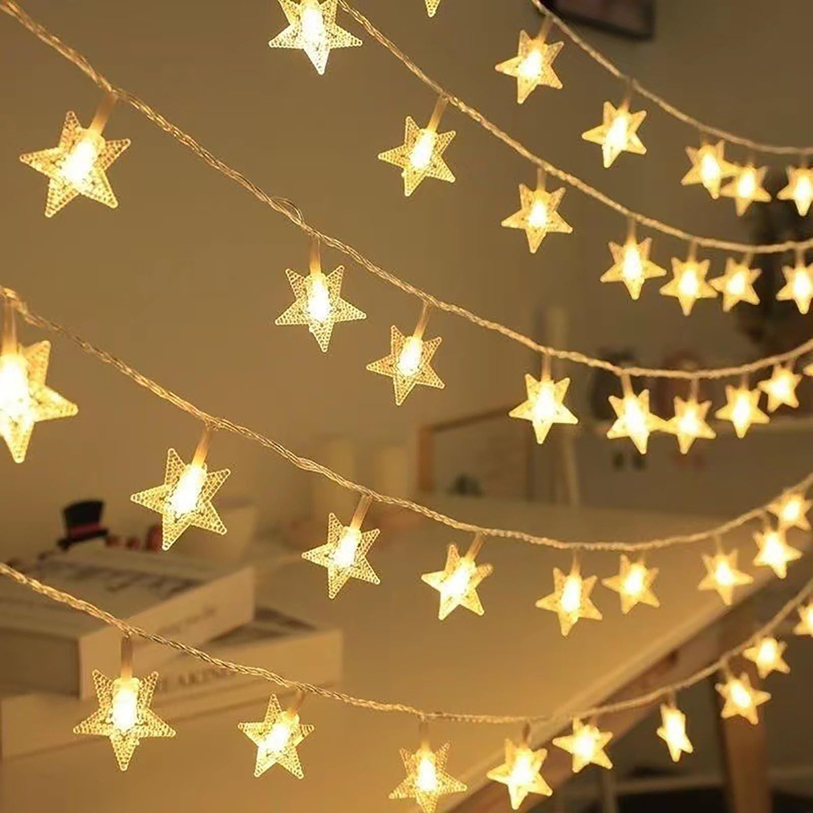 Girlanda LED Outdoor Lights Camping, Śnieżynka i gwiazdy Światła, Boże Narodzenie Bajki, Światła łańcuchowe na Halloween Impreza Dekoracja Ogród Dziedziniec (bateria 16,4 Ft 30LED, ciepła gwiazda)