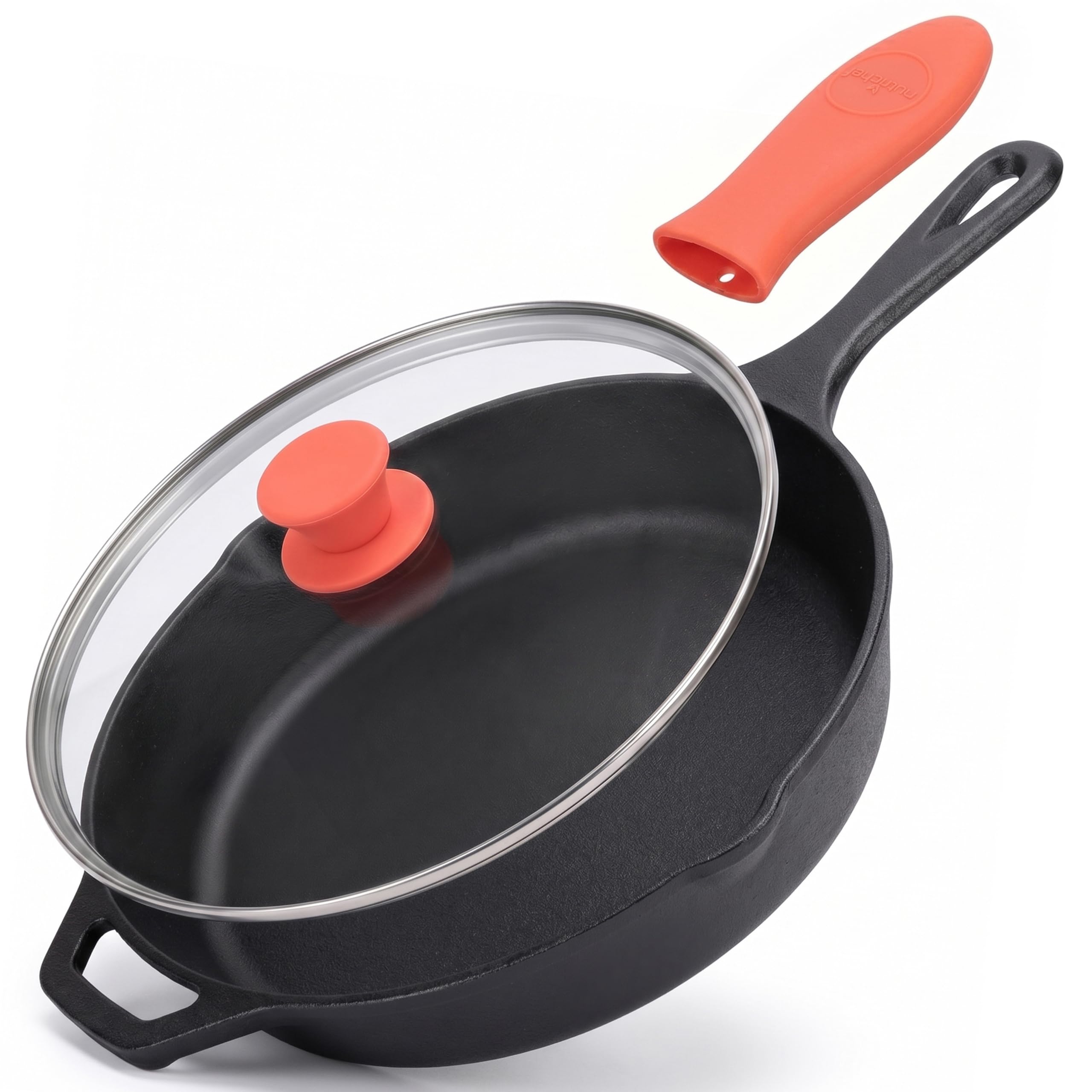 NutriChef Cast Iron Skillet Pan w/ Lid, Pre Seasoned Cast Iron Pan, Cast Iron Frying Pans Nonstick, Oven Safe Cookware w/ Silicone Handle, Drip Spout, Indoor/Outdoor Use, For Induction & All Cooktops — image 1