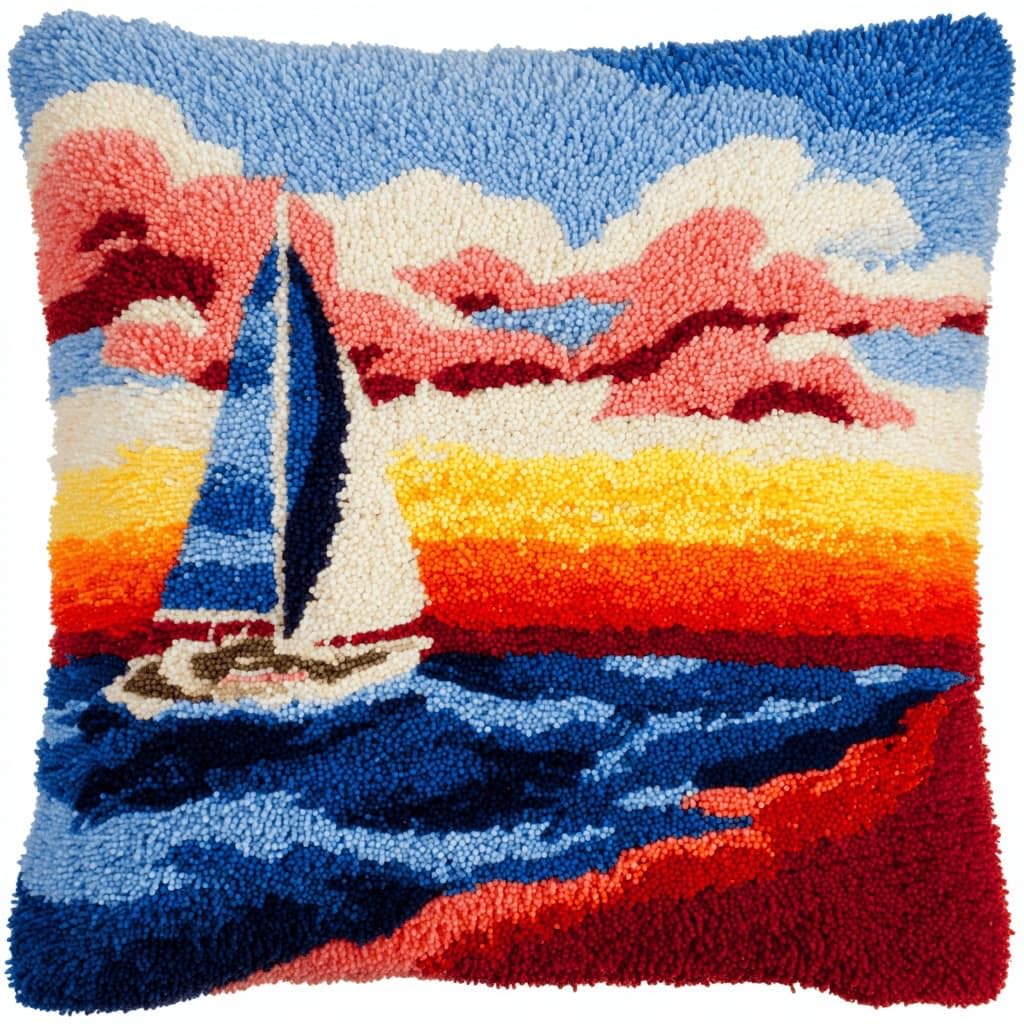 AxiangziK Latch Hook Cushion Kits,Sailboat DIY Needlework Pillow Cover Cushion Rug Making Kit,17X17Inch Handmade Embroidery Kits, Decorative Throw Pillow Cover for Sofa Cushions, Bedroom Decor
