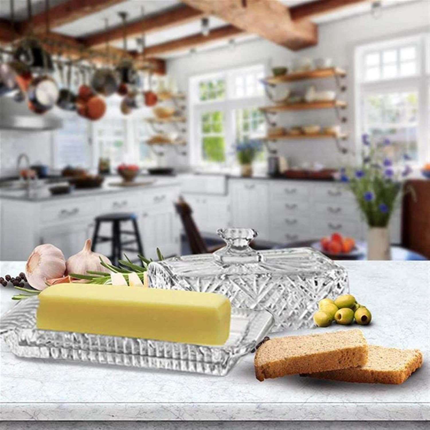 Butter Container Glass Butter Dish Rectangular Storage Box Butter Box - Butter Serving Tray with Lid Ideal for Home Made Artisan Butter for All Types of Butter