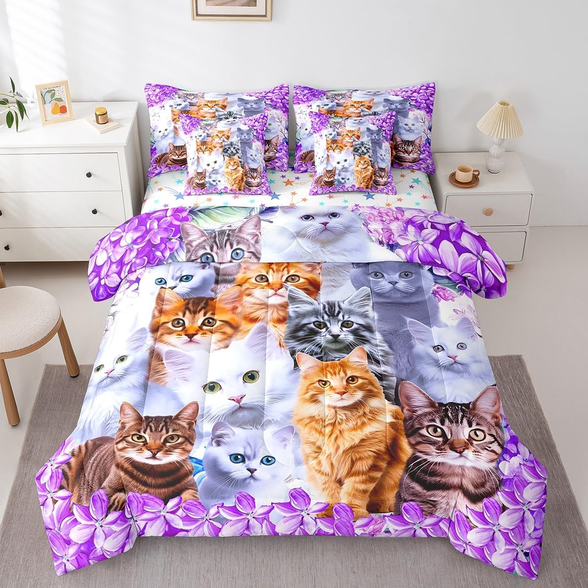 Feelyou Floral Cat 7 Piece Bedding Set with Sheets Queen Size Purple Cat Comforter Set with Sheets for Kids Teens Girls Bed Set Kawaii Animals Cute Decor Bedroom Soft and Lightweight(Reversible Stars)