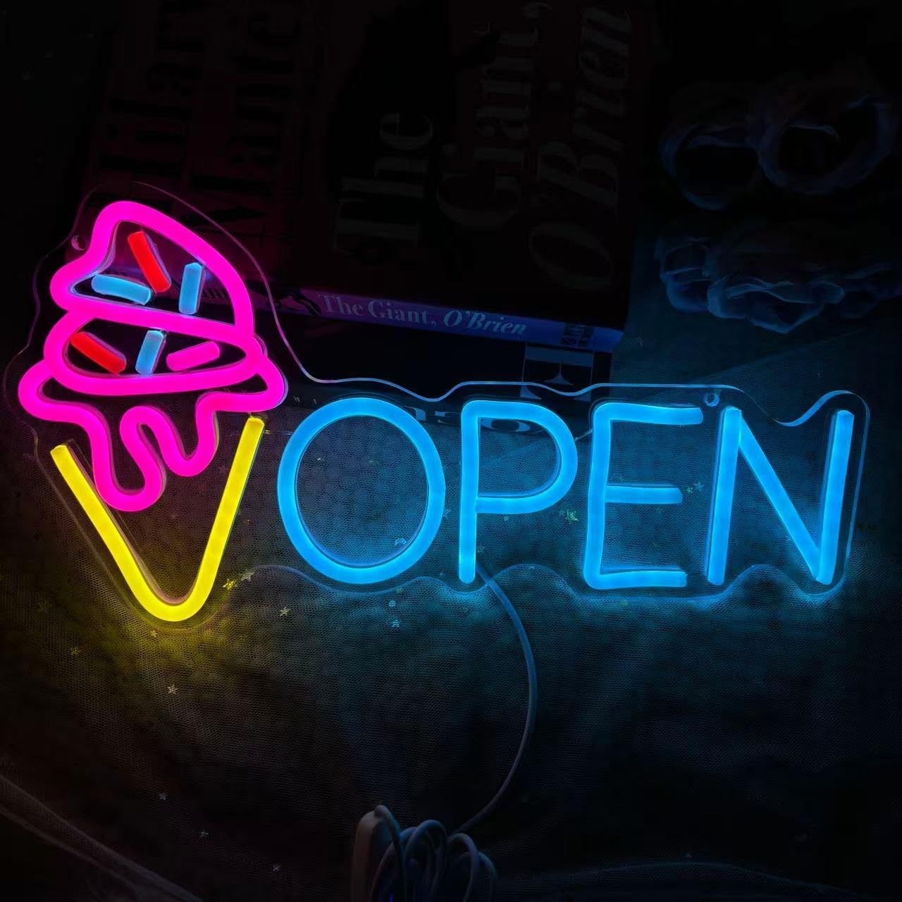 Ice Cream Open Sign, Ice Cream Led Logo Sign Open Neon Sign Custom Neon Sign For Coffee Shop Restaurant Open Led Neon Light Wall Decor