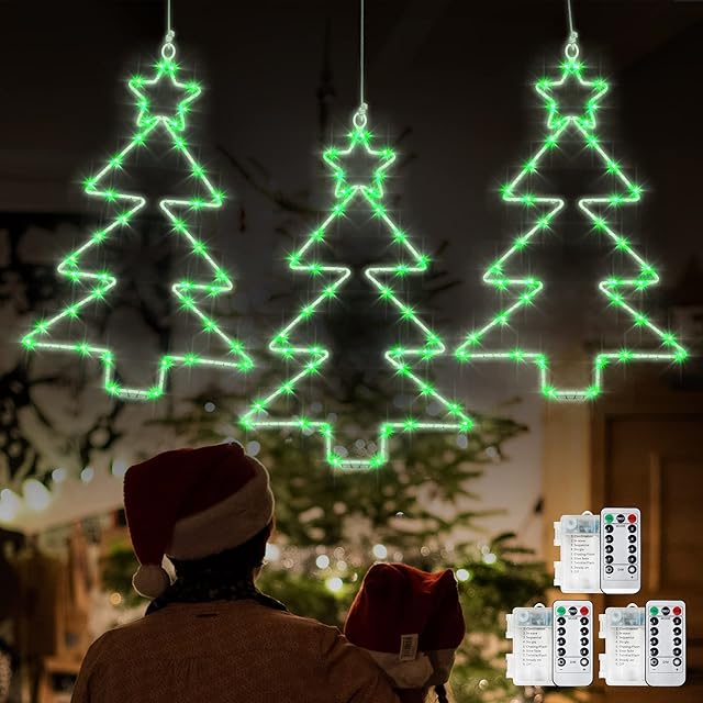 Heceltt Christmas Window Lights, 3 Packs Battery Operated 45 LED Window Hanging Lights with 8 Modes & Remote Christmas Tree Lights for Bedroom Wall Party Indoor Outdoor Decorations(Green)