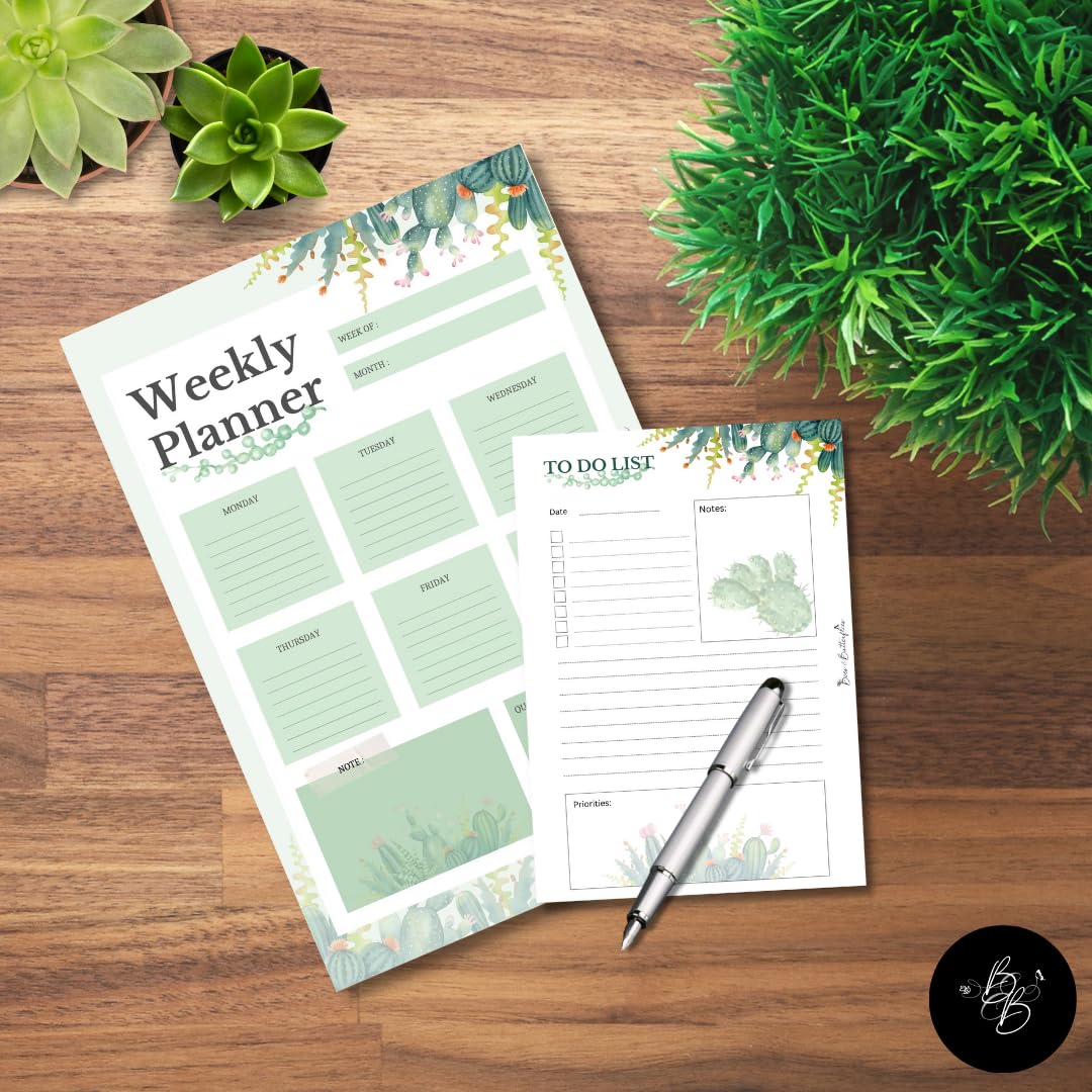 Bees and Butterflies A4 Weekly Planner & A5 To-Do List Combo | 50 Sheets Each | Cactus Design Productivity Set for Office, Work, Study & Home | Elegant Organiser for Scheduling & Daily Task Planning 1
