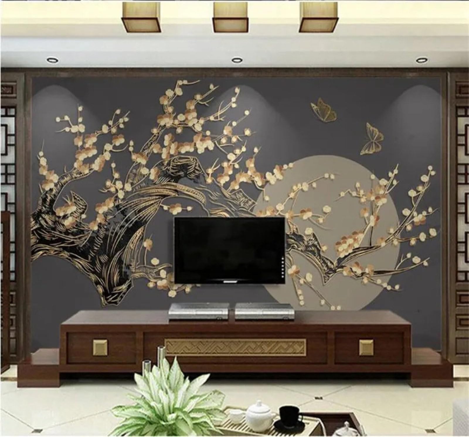Tzxztt 400Cm×280Cm(B×H) Vintage Relief Gold Plum Blossoms Full Moon Butterflies Modern 3D Wallpaper Premium Textured Silk Neutral Tones Material Ideal For Living Room Bedroom-400Cm×280Cm