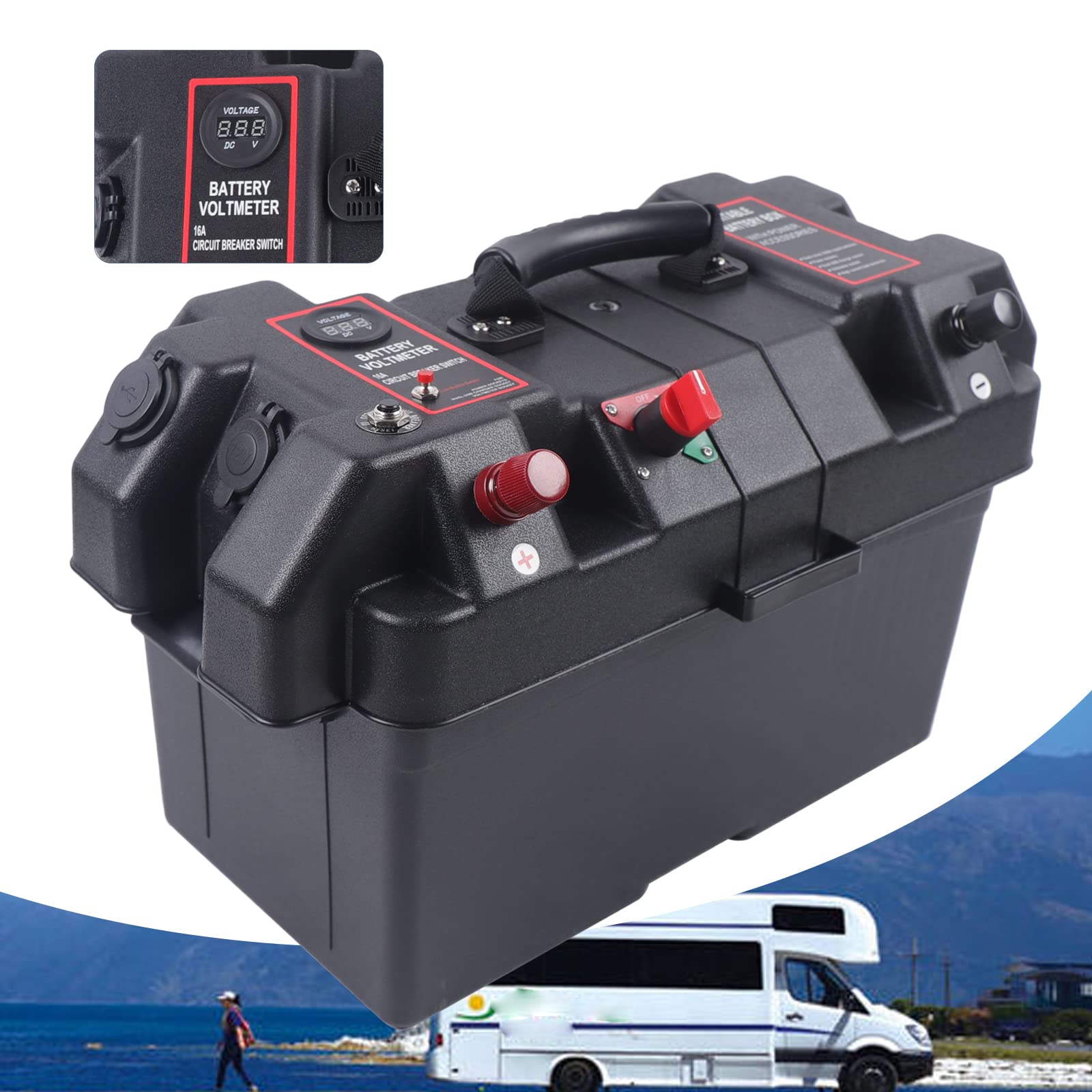 Scatola batteria per batteria, monitoraggio in tempo reale, con doppia porta USB, per barca marina, camper, campeggio, viaggio, acido AGM al litio LiFePO4 (batteria non inclusa)