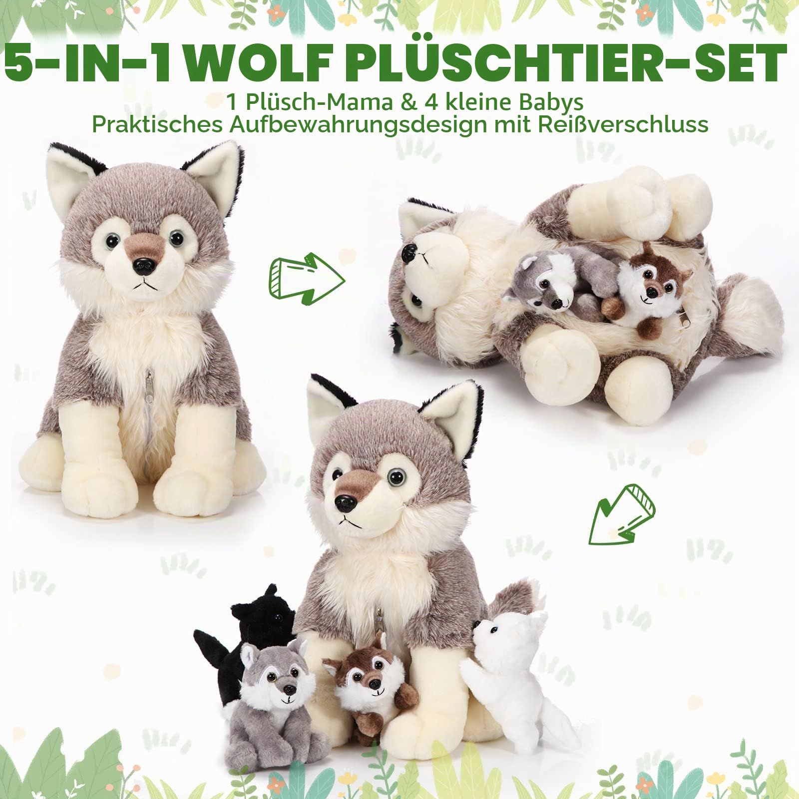 Honoson 5 Stück Wolf Kuscheltiere Set 35 cm Mama Wolf Plüschtier mit 4 Süßen Baby Wölfen Stofftieren in Ihrem Bauch mit Reißverschluss für Jungen Mädchen Geburtstag Party Geschenke (Süß)