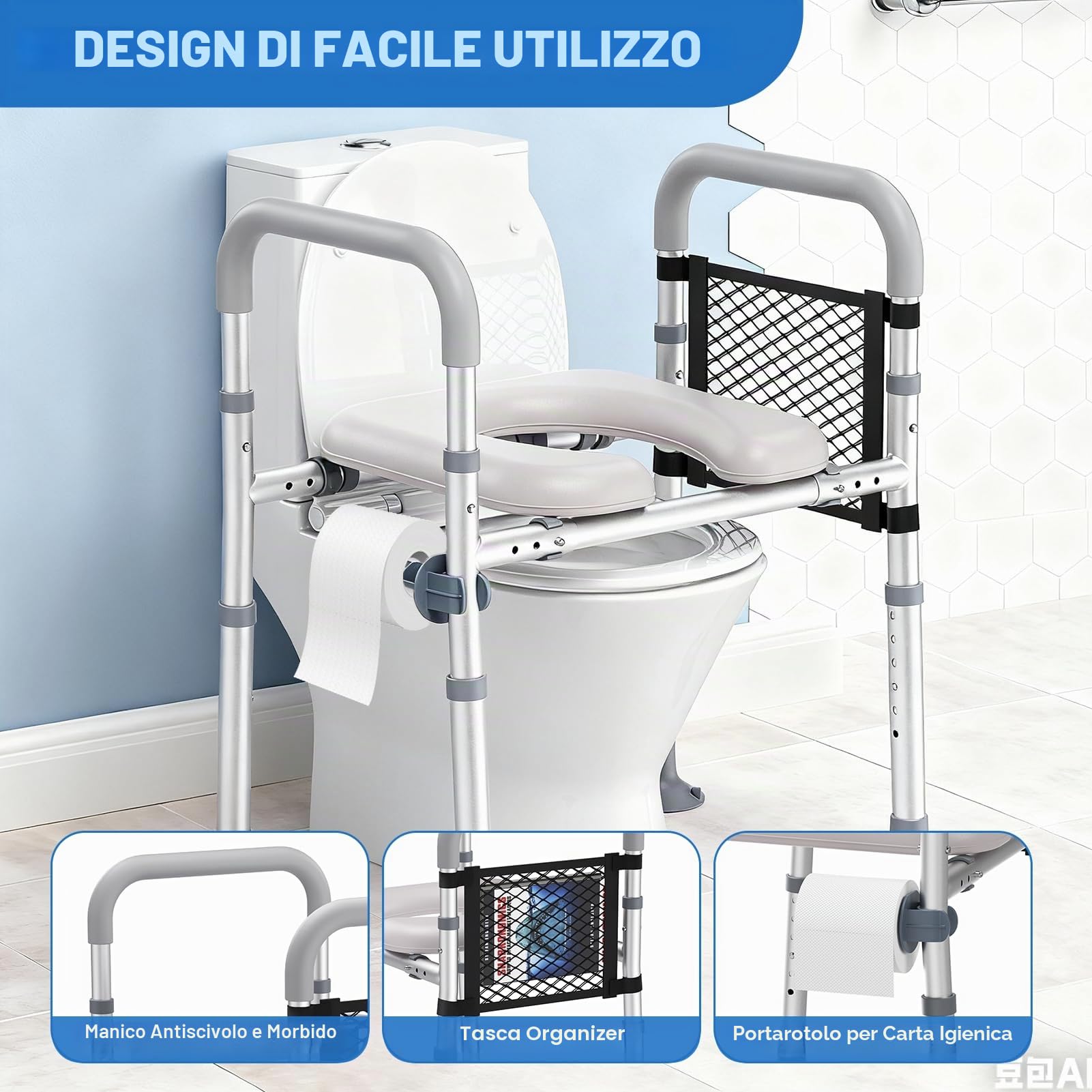 Rialzo WC per Anziani, Alzata per WC con Altezza e Larghezza Regolabili, Alza Water x Anziani con Braccioli per Anziani, Seduta Imbottita e Telaio in Alluminio, Adatto a Qualsiasi WC, Portata 150 kg