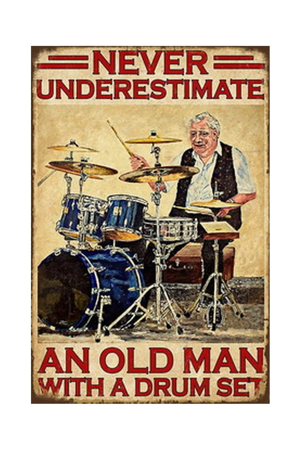 Husienzn Retro Tin Sign Metal Poster Vintage Wall Decor, An Old Man with a Drum Set, for Pub Restaurants Cafe Club Bar Home Room Plaque Man Cave Wall 8x12 Inch
