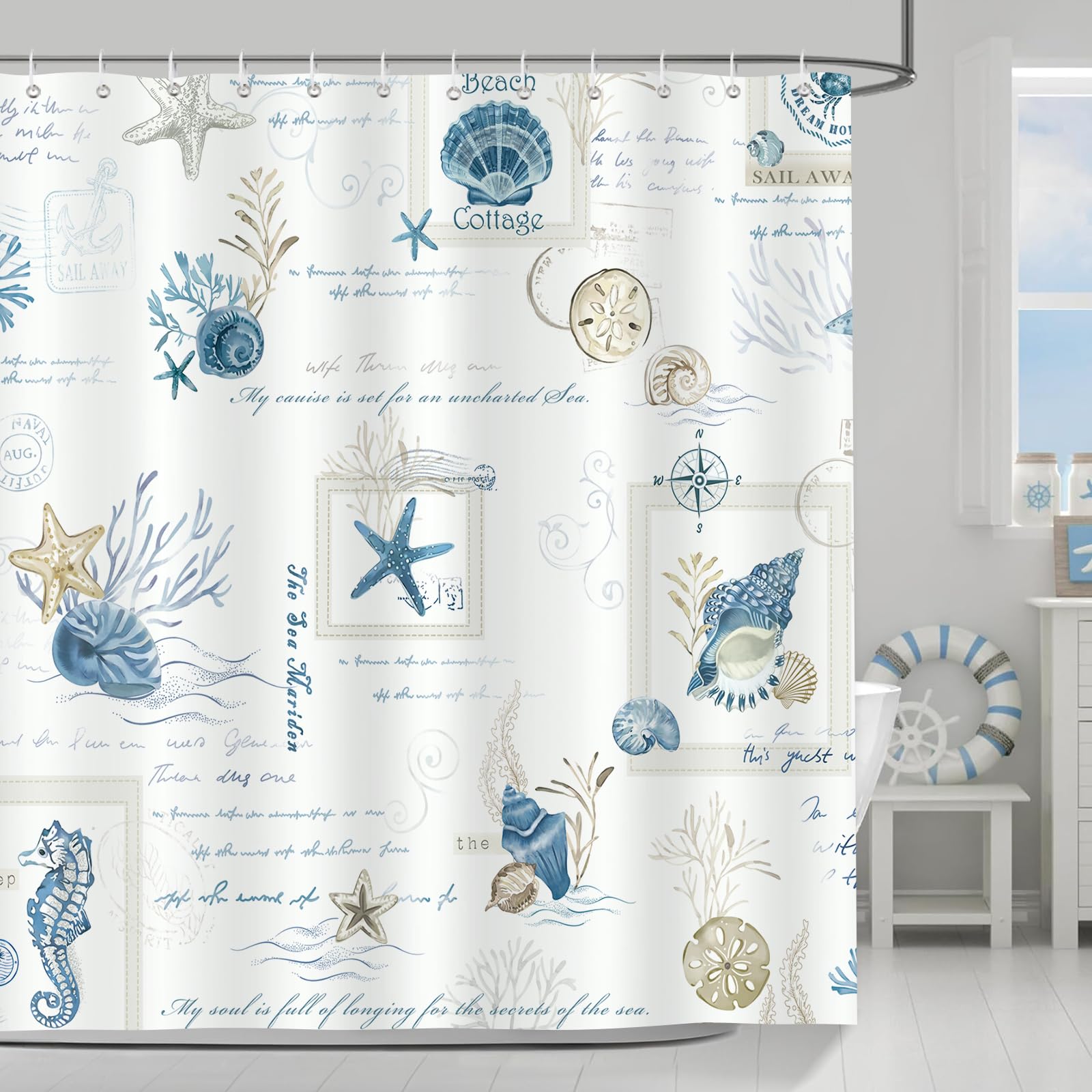 Bonhause Nautical Shower Curtain, Coastal Beach Seashell Starfish Seahorse Retro Stamp Bathroom Curtain 72 x 72 Inch Polyester Fabric Waterproof Bath Curtain with 12 Hooks