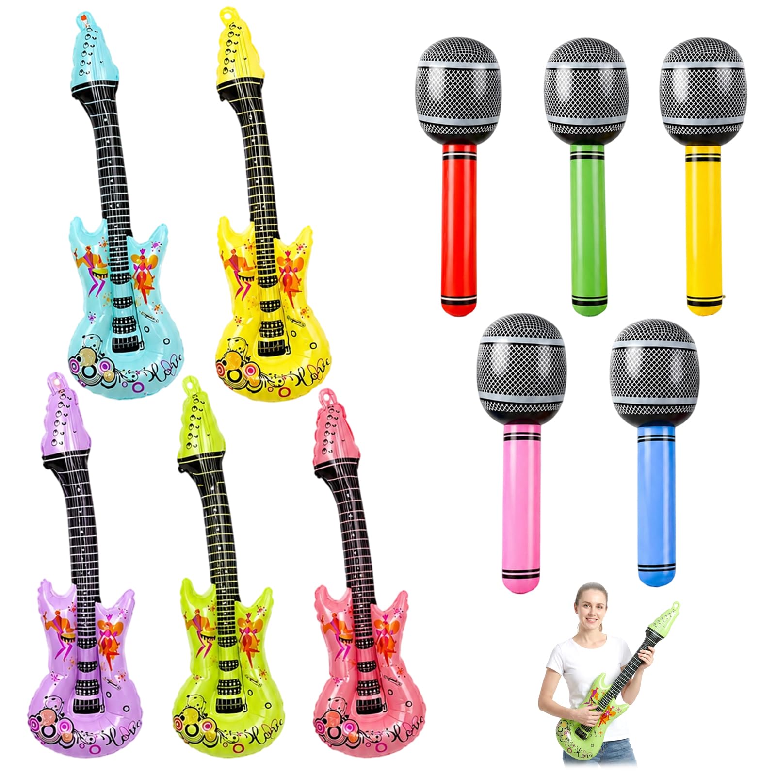 10-Piece Inflatable Instruments Set - 89cm Blow Up Guitar & 35cm Blow Up Microphone, Blow Up Party Props for Music Party Decorations, Photo Booth & Rock and Roll Events