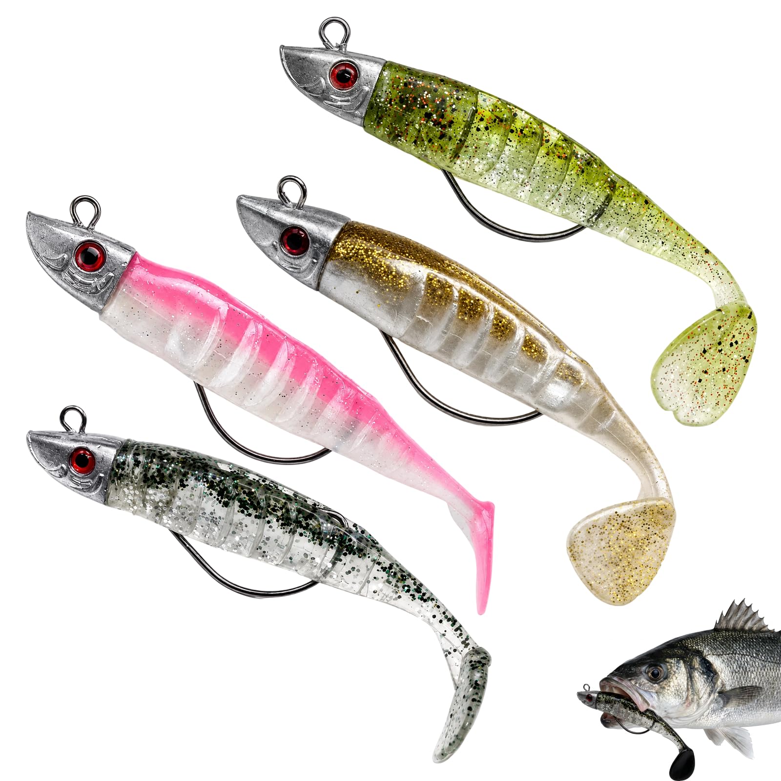 4PCS Bass Lures Sea Fishing UK, Sea Fishing Lures, Perch & Sea Bass Fishing Lures, for Offshore and Inshore Fishing, for Predatory Fish, Versatile Saltwater and Freshwater Applications