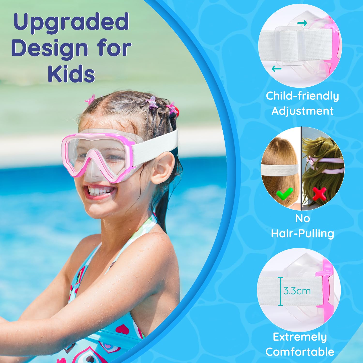 MOMUSE okulary do nurkowania dla dzieci z miękką taśmą z materiału, okulary do pływania dla dzieci z osłoną nosa 3D, maska do nurkowania, ochrona przed zaparowaniem i nietłukącą soczewką, maska do