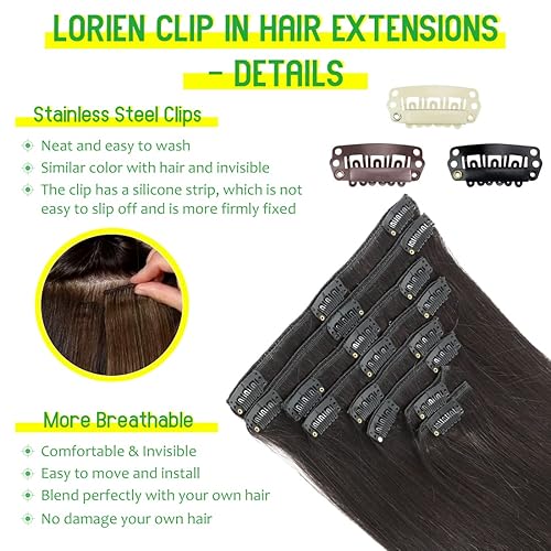 Miniatura 4 de LORIEN Extensiones de cabello humano real con pinzas, extensiones de cabello humano 100% humano, 8 piezas por juego con 18 clips de doble trama (16
