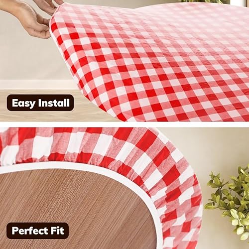 Miniatura 4 de Velway Mantel ajustable de vinilo con borde elástico, funda de mesa redonda impermeable con reverso de franela, mantel rojo a cuadros para