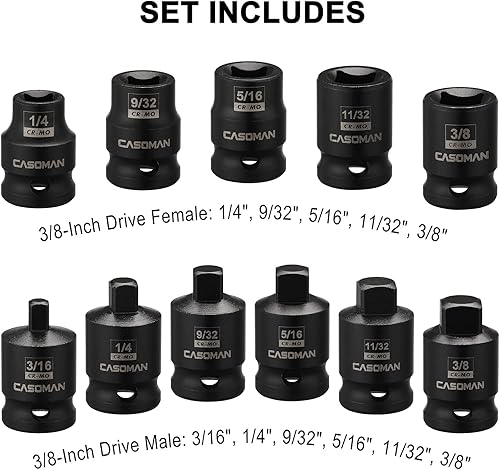Miniatura 2 de CASOMAN 3/8-inch Drive Pipe Plug Socekt Set, SAE, CR-MO, unidad cuadrada macho cónica, unidad cuadrada hembra biselada, conjunto de 11 piezas