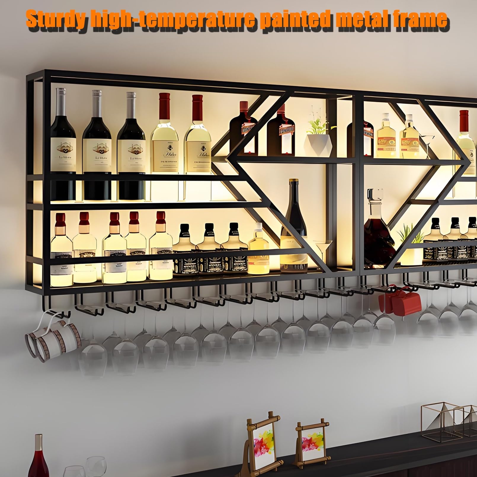 Étagère flottante en métal avec éclairage LED pour affichage mural de bouteilles de vin et d'alcool - Solution de rangement multifonction peu encombrante