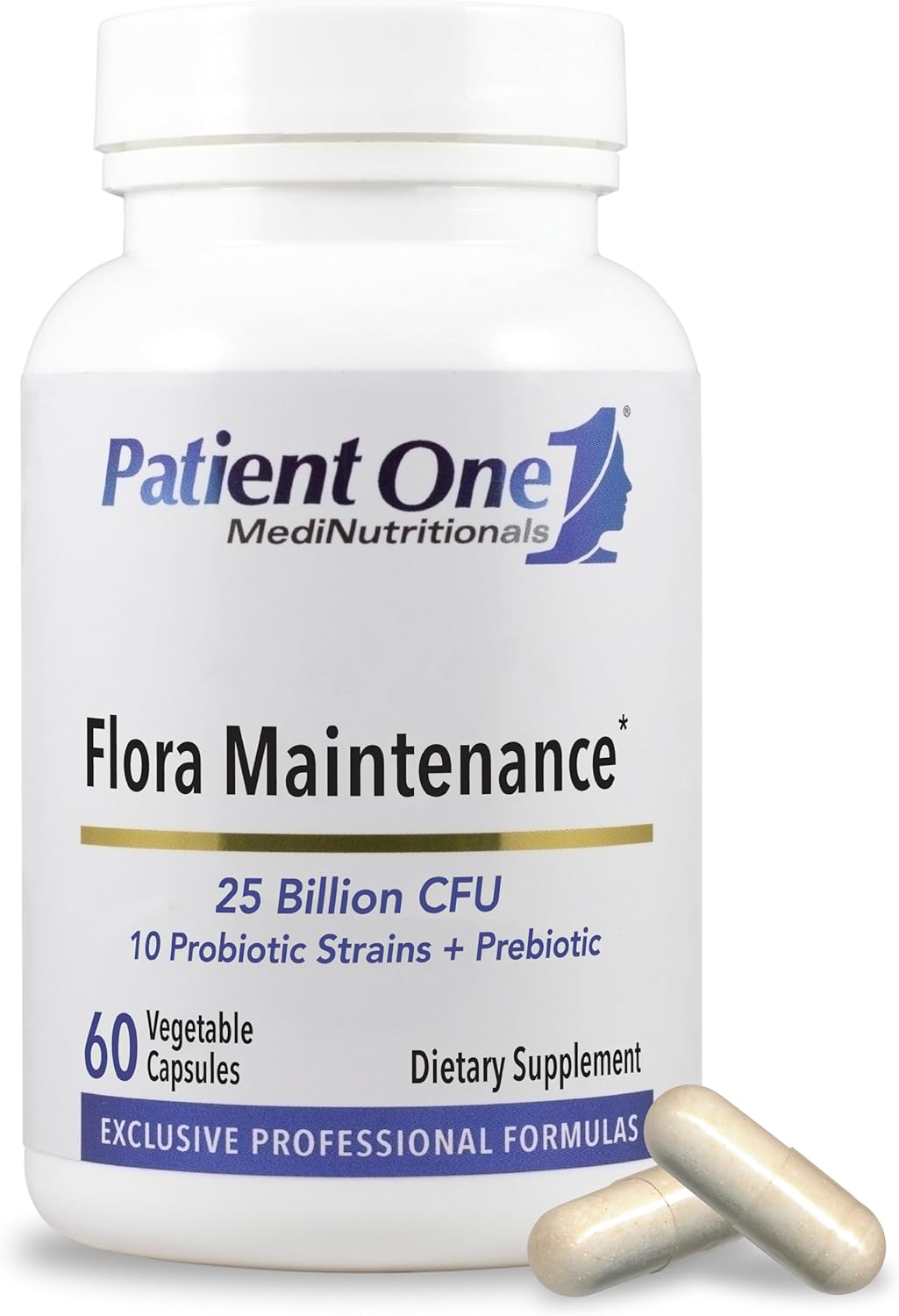 Patient One Flora Maintenance | Probiotic Supplement to Aid Balanced Intestinal Flora* | 25 Billion CFU, 10 Probiotic Strains, Prebiotic | 60 Capsules