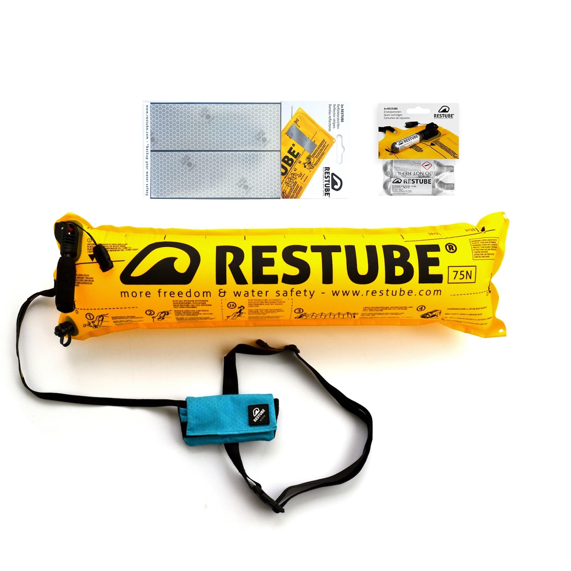 RESTUBE Active Starter Package Bouée de Sécurité Gonflable pour Nage en Eau Libre - Bande Réflechissante & 2X Cartouches CO2 pour Système de Gonflage Automatique