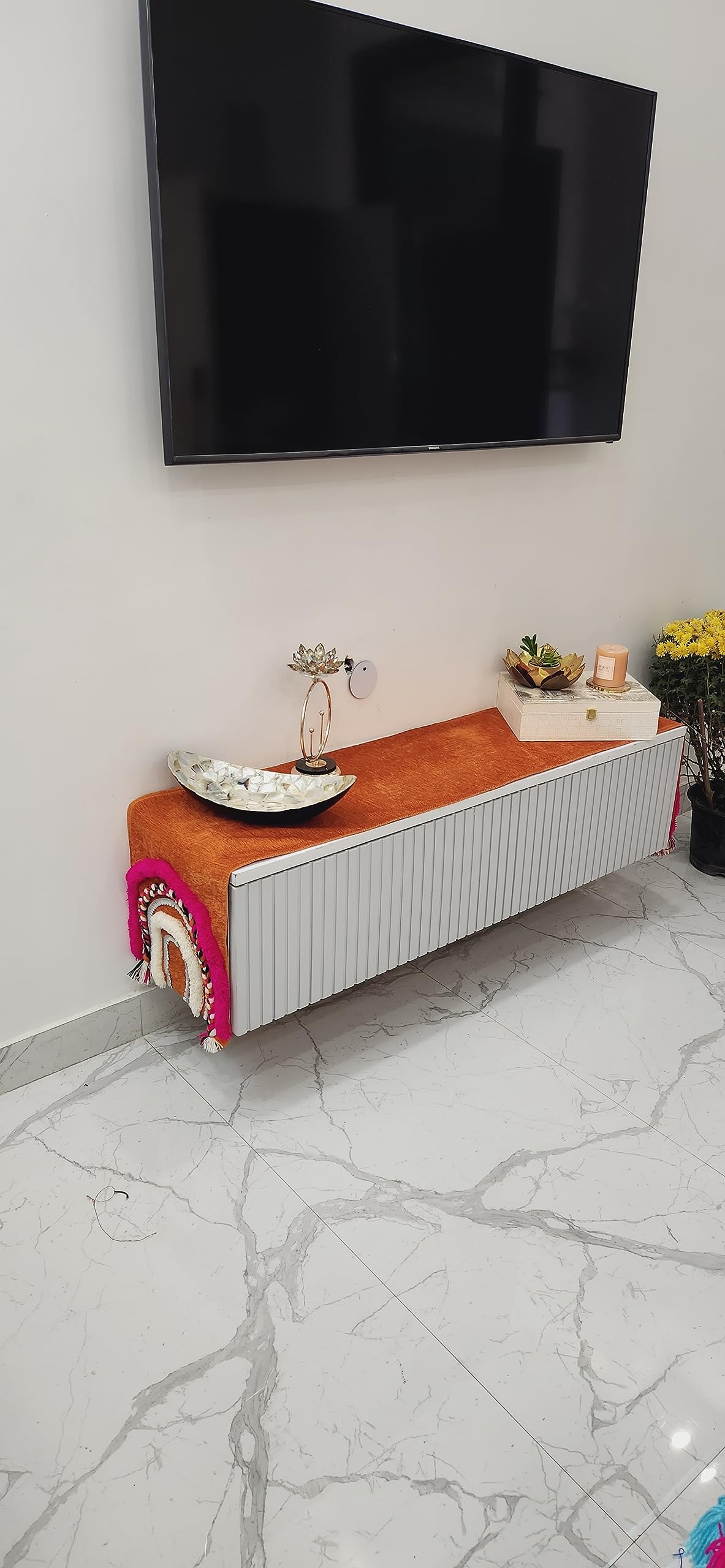 WWW.THROWPILLOW.IN Orange Bohemian Tufted TV Console Unit Runner/TV Cabinet Cover Diwali Festival Decor (4 Feet TV Console(35x152 cms))-image-24