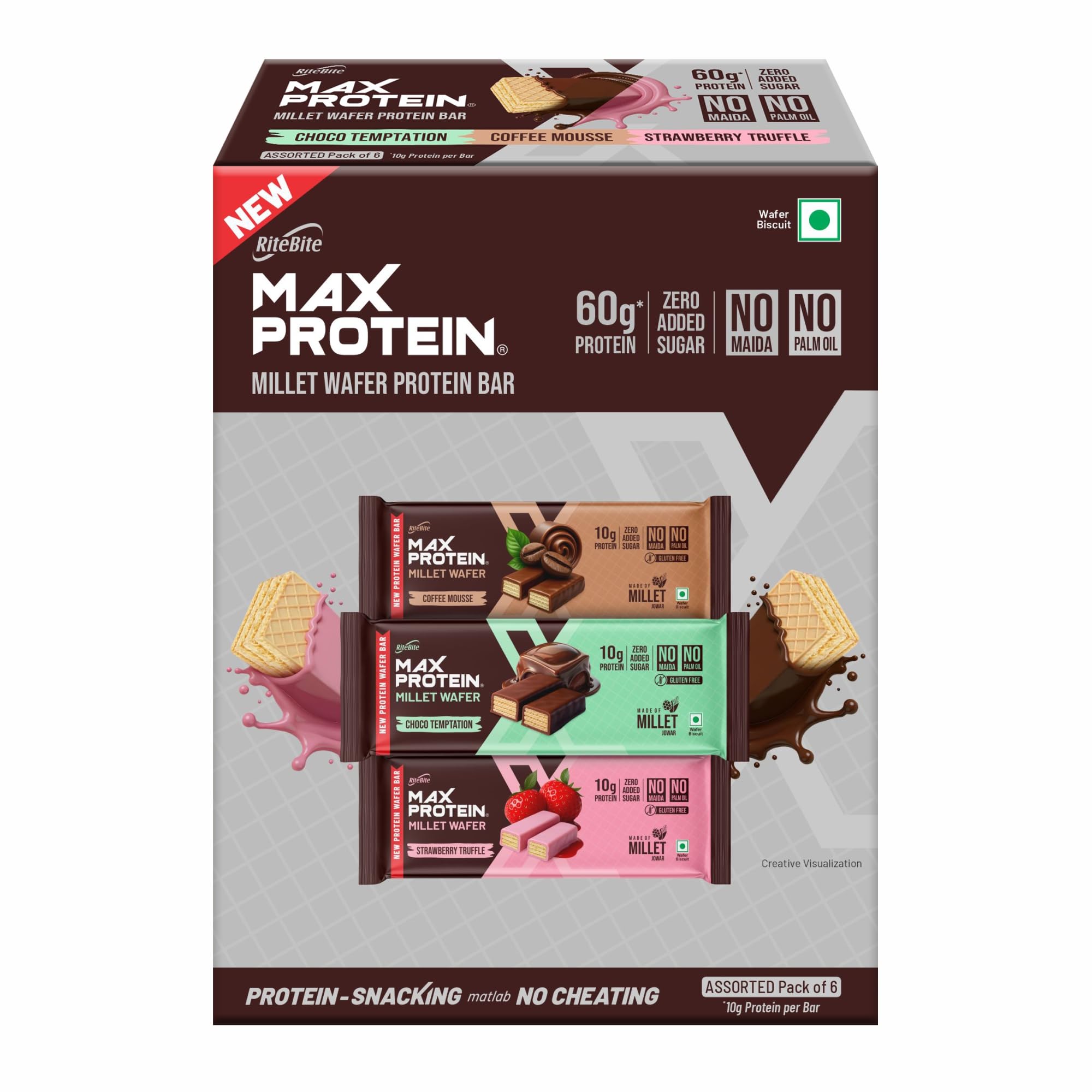 RiteBite Max Protein Assorted Millet Wafer Bars (Pack of 6), 10g Protein, No Maida, No Palm Oil, Zero Added Sugar, Super Healthy Wafer Snack for You, 240g