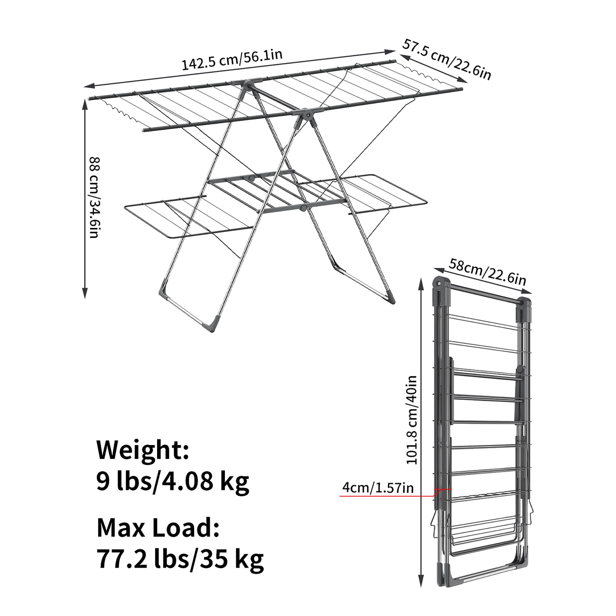 Innotic Étendoir Linge Intérieur Extérieur, Séchoir à Linge Pliable à 2 Niveaux, 4 Ailes Réglables en Hauteur, Tancarville Linge XXL, 33 Barres, Gris