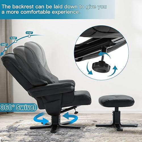 Miniatura 6 de AVAWING Silla reclinable con otomana, silla reclinable giratoria con base de madera para sala de estar, dormitorio, piel sintética, color negro