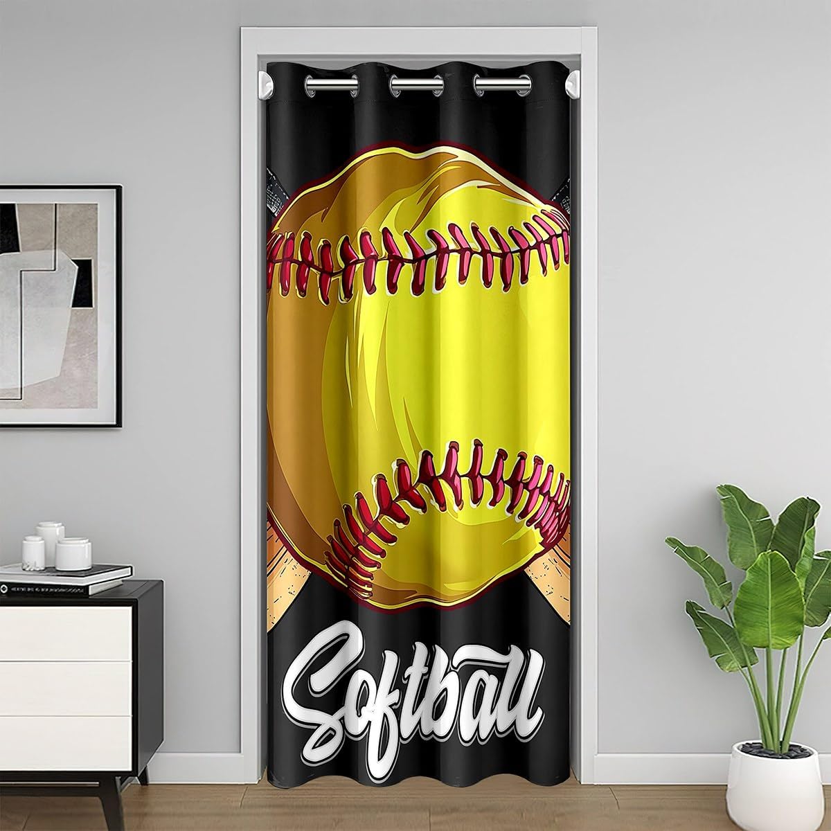 Homewish Abstract Yellow Softball Door Curtain 1 Panel 34" W X 80" L Watercolor Cartoon Ball Decor Doorway Curtain for Closet Door Extreme Sports Game Style Door Drape for Bedroom Privacy