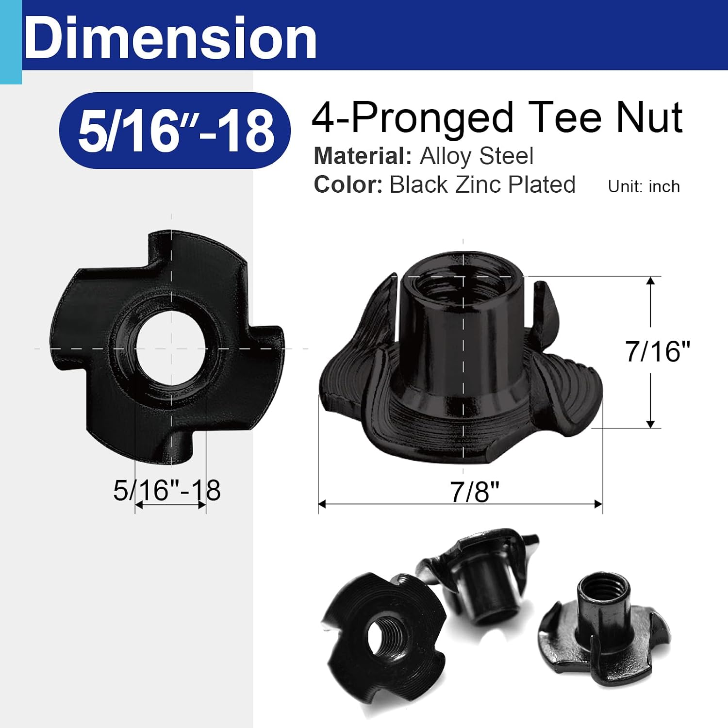 50PCS 5/16"-18 T Nuts for Wood, Carbon Steel 4-Prong Tee Nuts