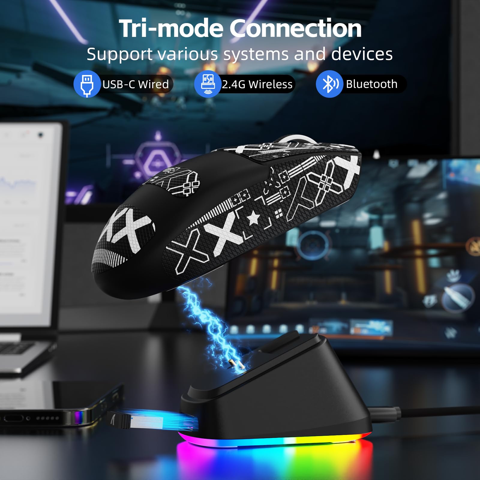 ATTACK SHARK G3PRO Gaming Mouse with Magnetic Charging Dock, PixArt PAW3311 Gaming Sensor, BT/2.4G Wireless/Wired with Grip Tape, 25000 DPI, Gamer Mice for Win11/Xbox/PS/Mac (White