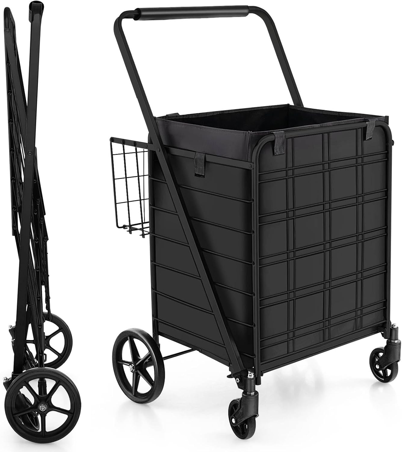 GiantexUK Folding Shopping Trolley on Wheels, Metal Grocery Cart with