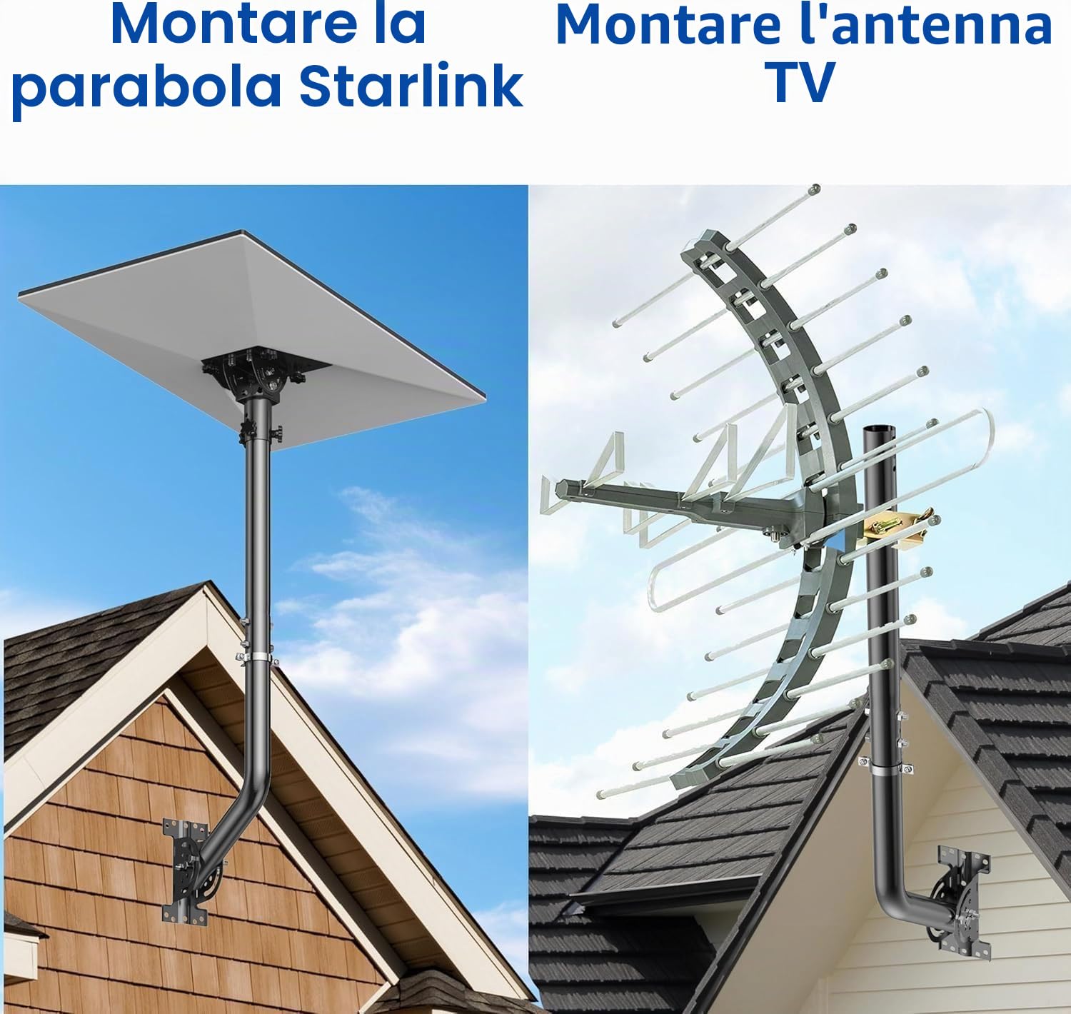 Palo universale per antenne di televisione, satellite, radio, WiFi - Supporto regolabile per palo e montaggio murale (Nero - 82 cm)