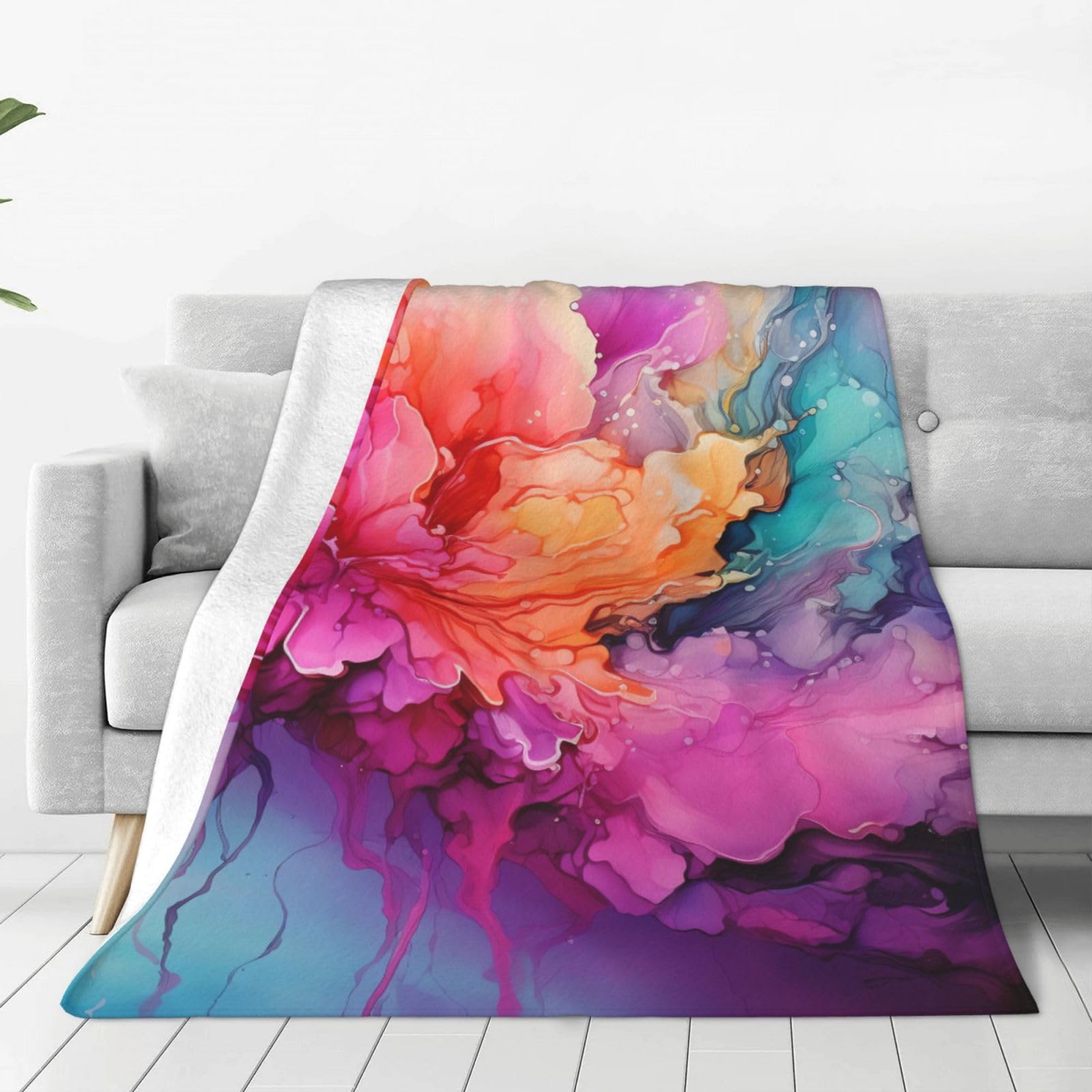 Colorful Watercolor Painting Throw Blanket for Couch, Plush Fuzzy Soft Flannel Blankets and Throws for Sofa, 60"x50" Bed Blankets for Travel Camping Chair, All Season Warm Fleece Blanket