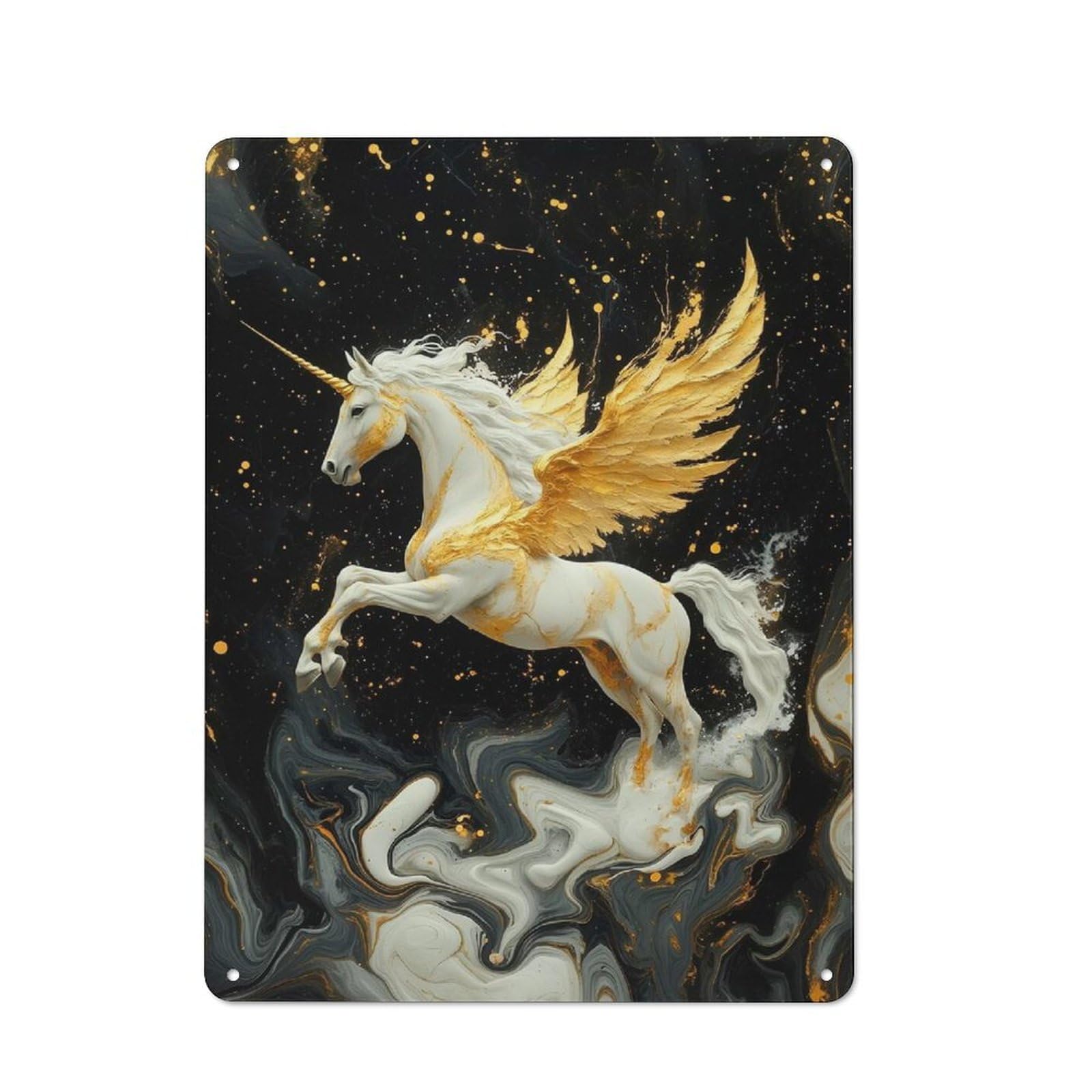 Junmoney Style-21 Workshop Style Golden Winged Unicorn On Marble Tin Sign 40X30cm, Workshop Wall Decor For Tool Room, Garage, Studio Or Home Bar