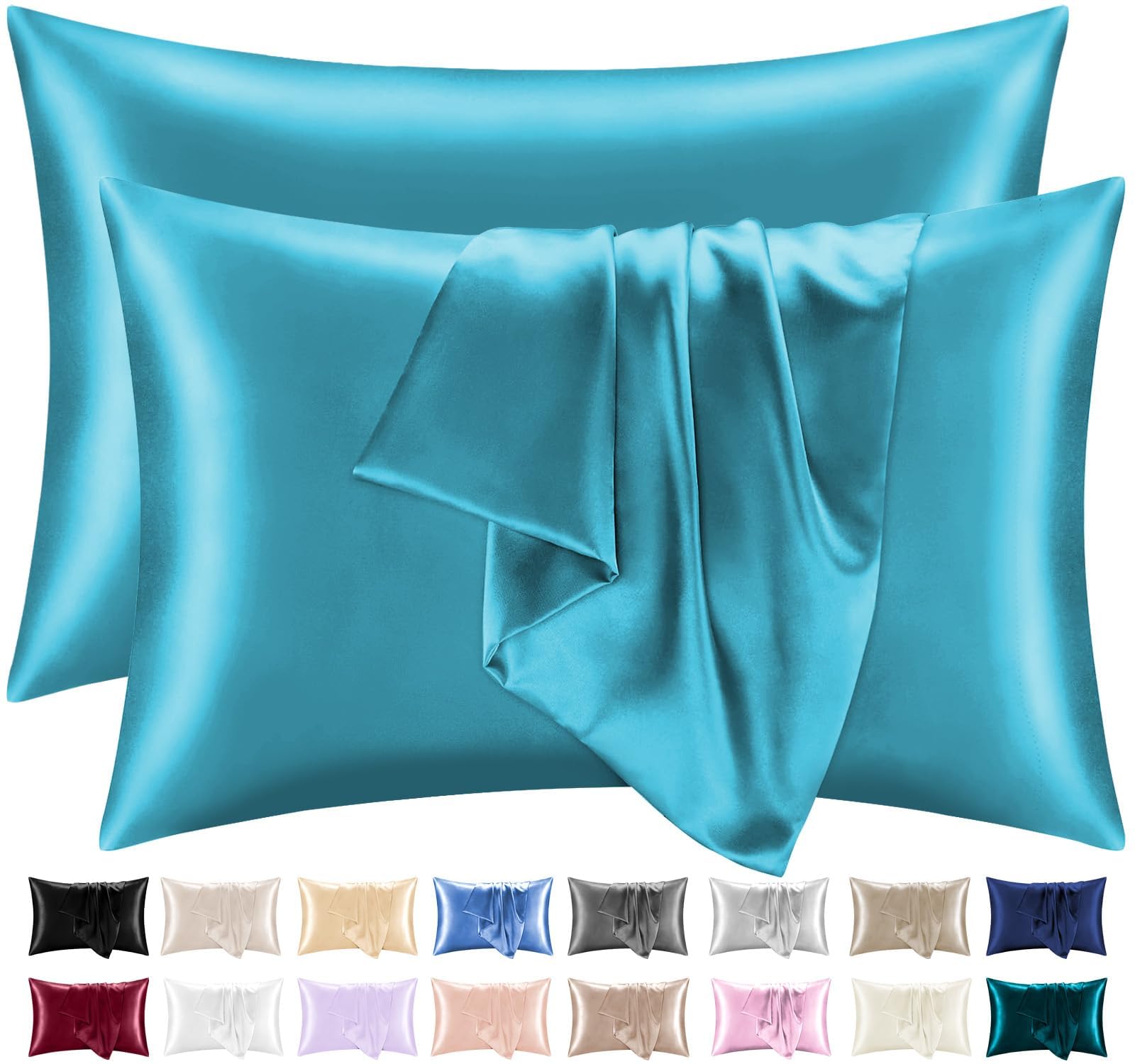 Lazzaro Home Feel The Difference 14 - Teal Lazzaro Satin Silk Pillowcases For Hair And Skin - Hypoallergenic Silk Pillow Cases 2 Pack With Envelope Closure - Ultrasoft Standard Size Teal Silk Pillowcases (50 X 75 Cm)