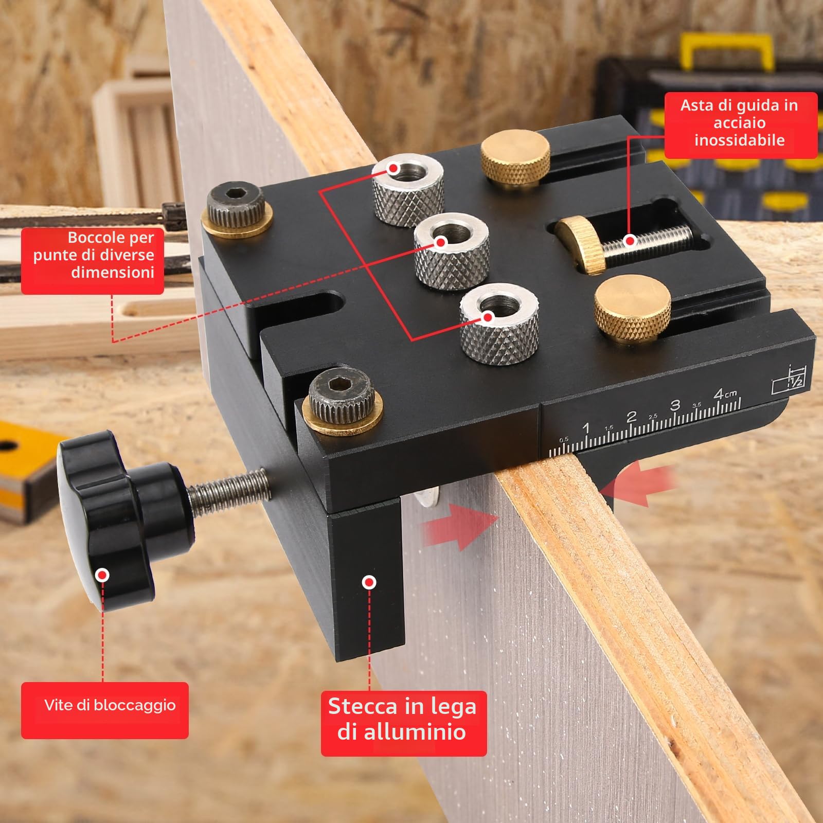Idong 6/8/10/15mm Dima per Spinatura Legno, 3in1 Dima per Fori a Tasca, Kit di guida trapano con Clip Di Posizionamento Regolabile, Utensili Falegnameria Adatti a Legno da 5 a 60 mm