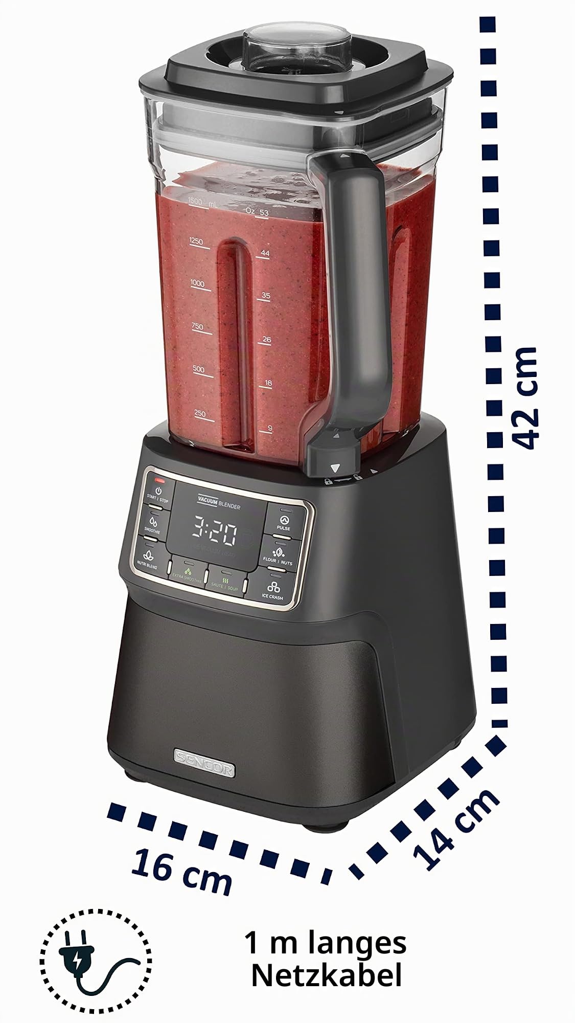Sencor Super Automatischer Vakuum Standmixer - 1500W Professioneller Hochleistungsmixer mit Nutri Smart Technologie, 8 Titan-Klingen Multizyklon-Mischung - für Smoothies, Suppen, Nüsse & Mehr