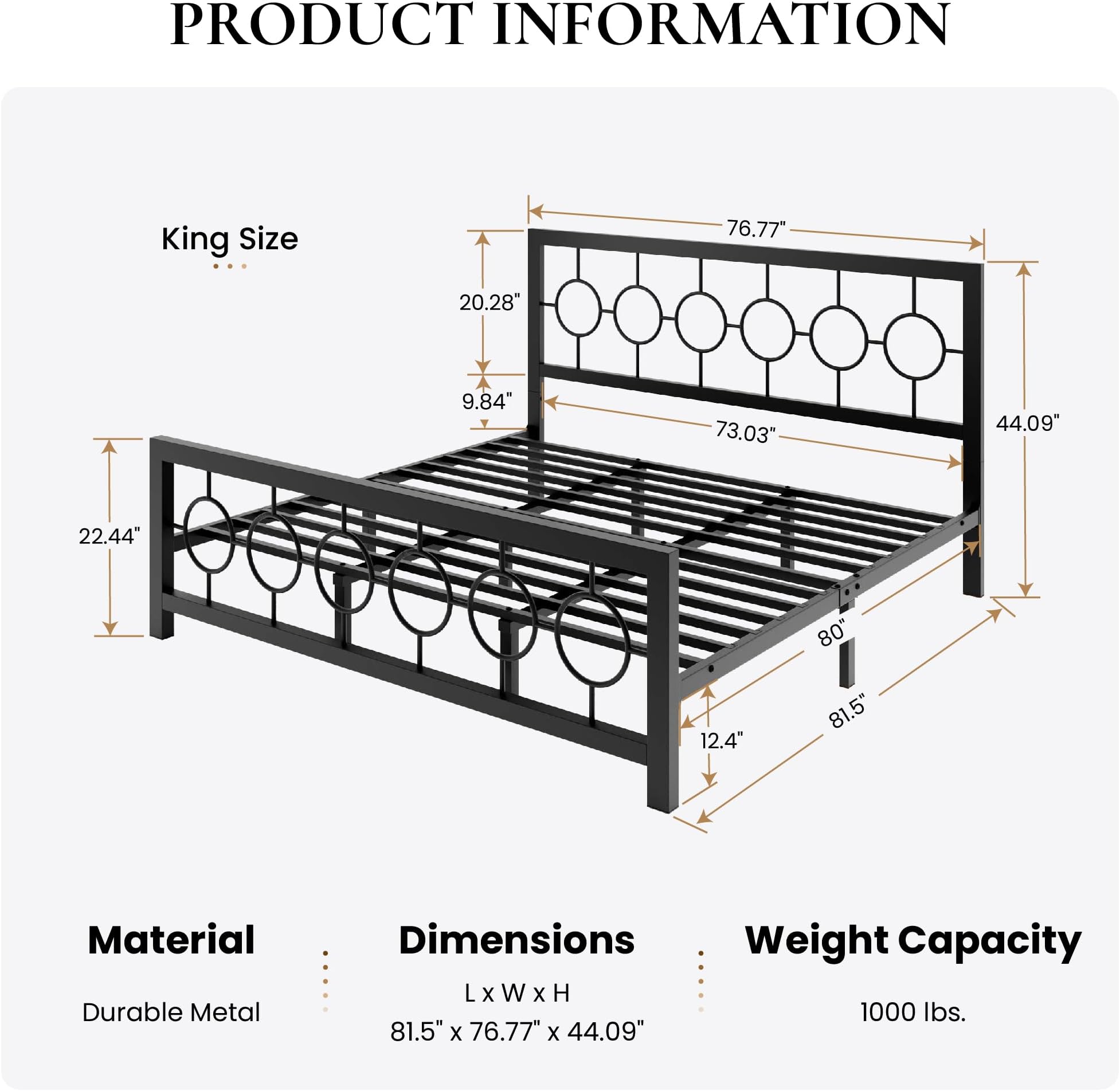 SHA CERLIN King Size Metal Bed Frame with Vintage Circular Design Headboard and Footboard,No Box Spring Required,Easy Assembly,Noise-Free,Black